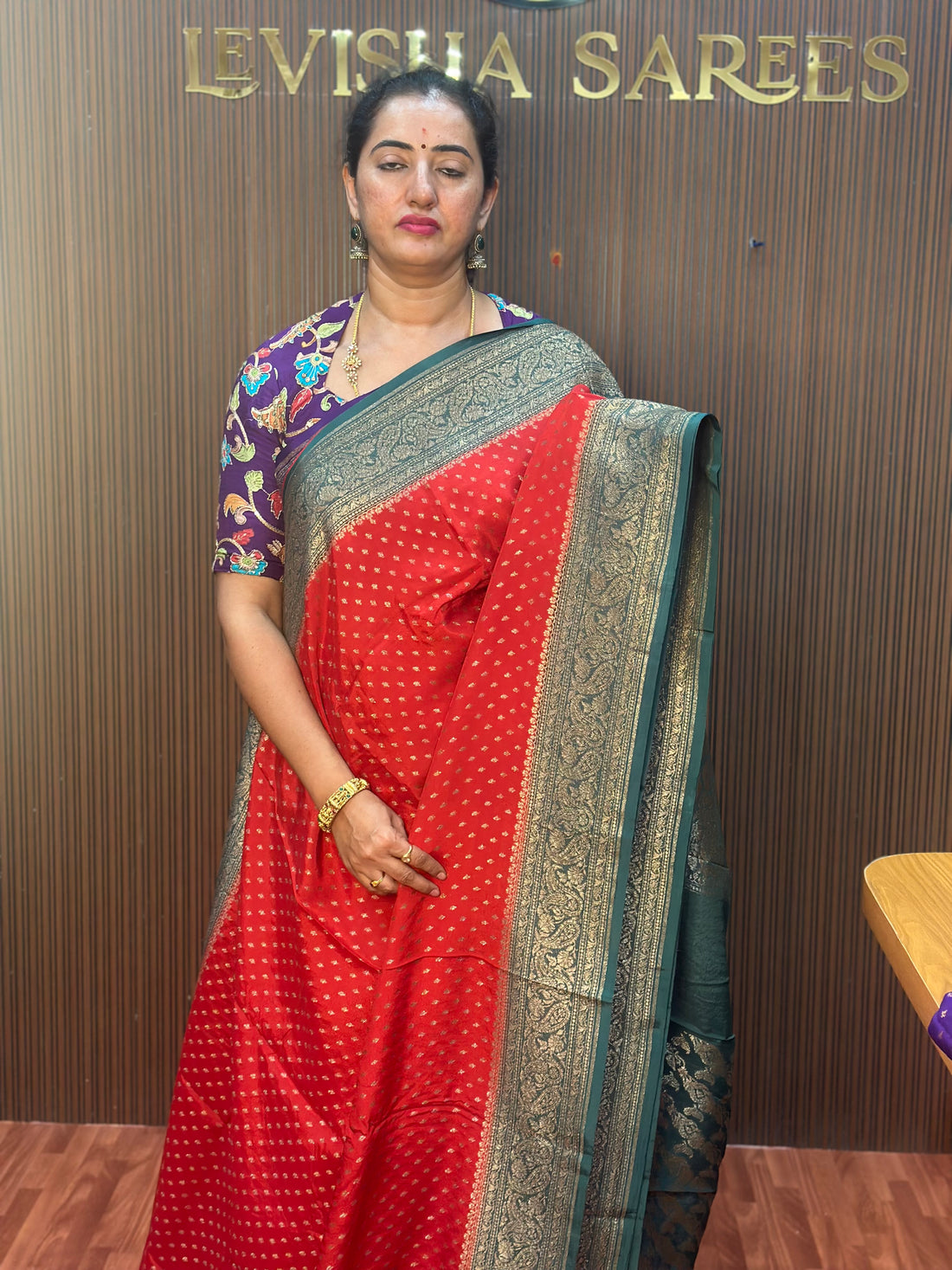 Red and green crepe chiffon Banarasi sarees