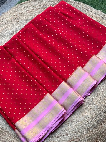 Red and pink pure crepe Mysore Silk sarees with thousands butta concept
