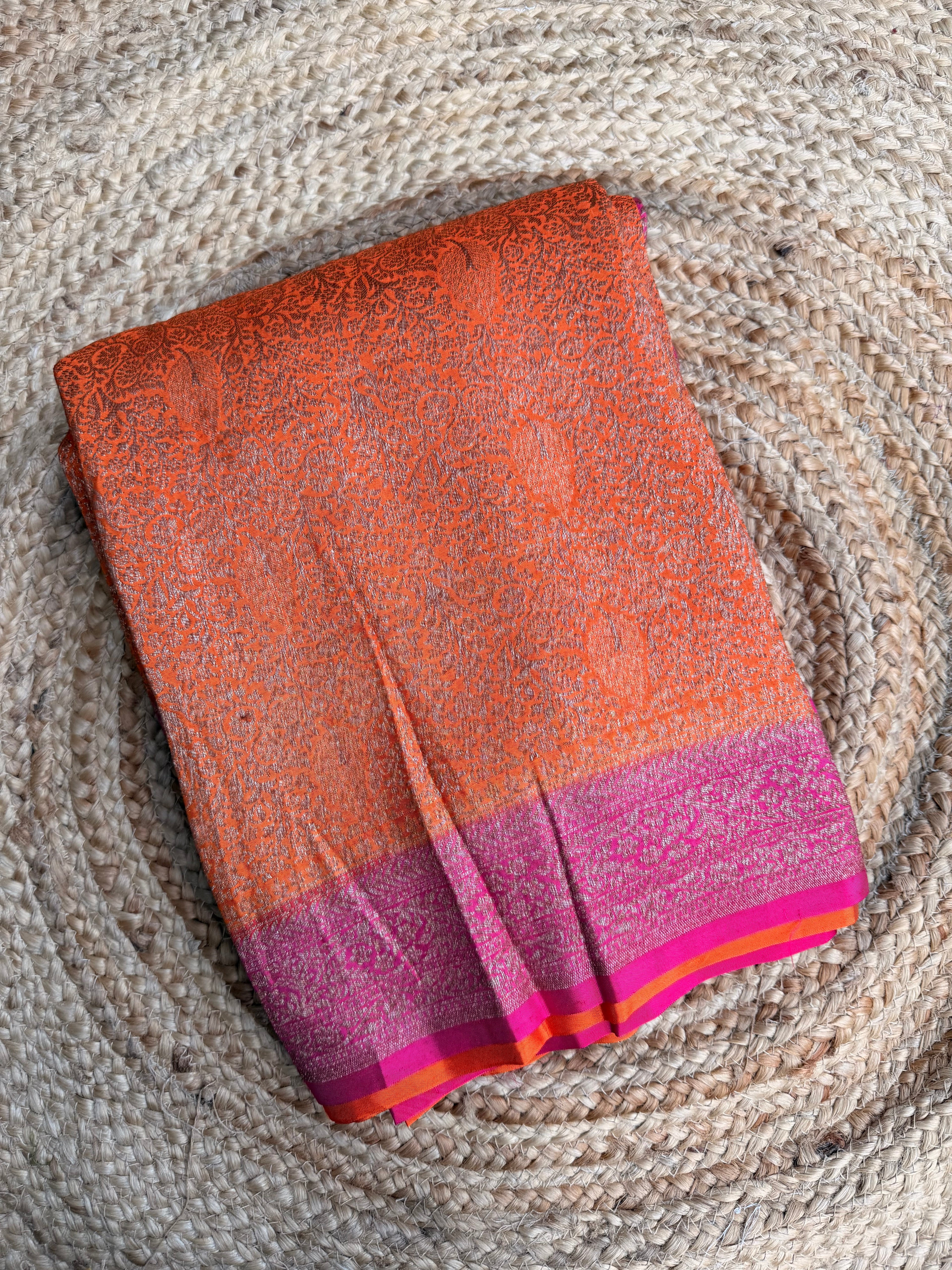 Orange n pink semi Banarasi crepe saree