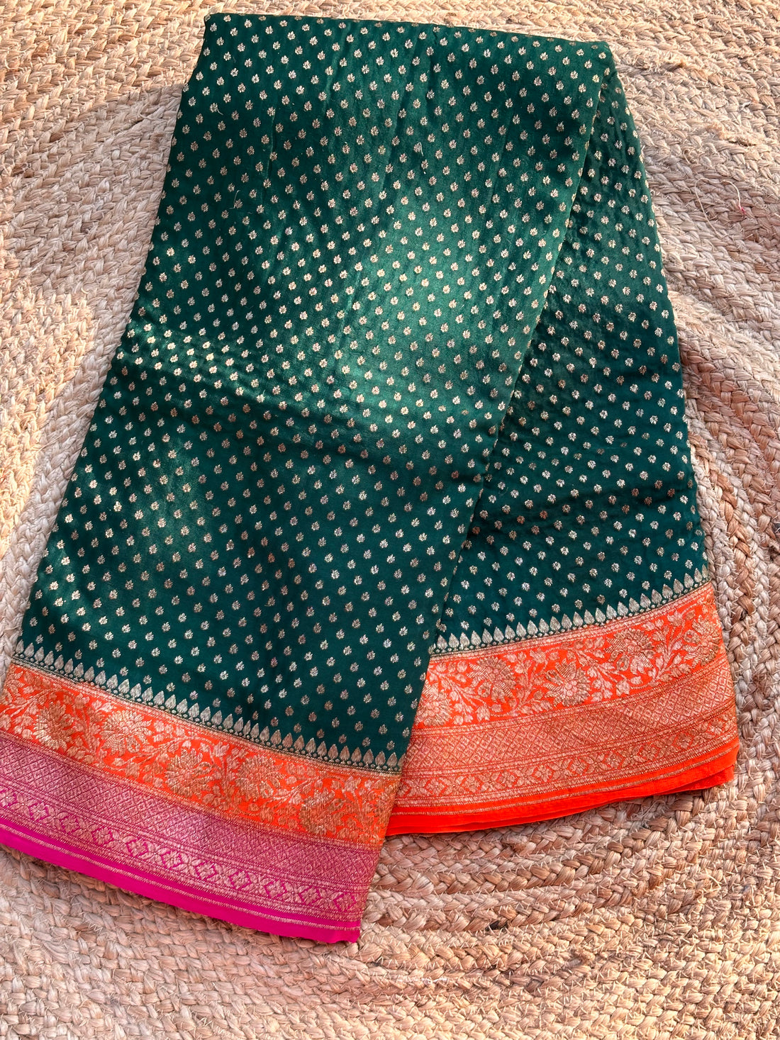 Dark green and orange pure crepe banaras silk sarees