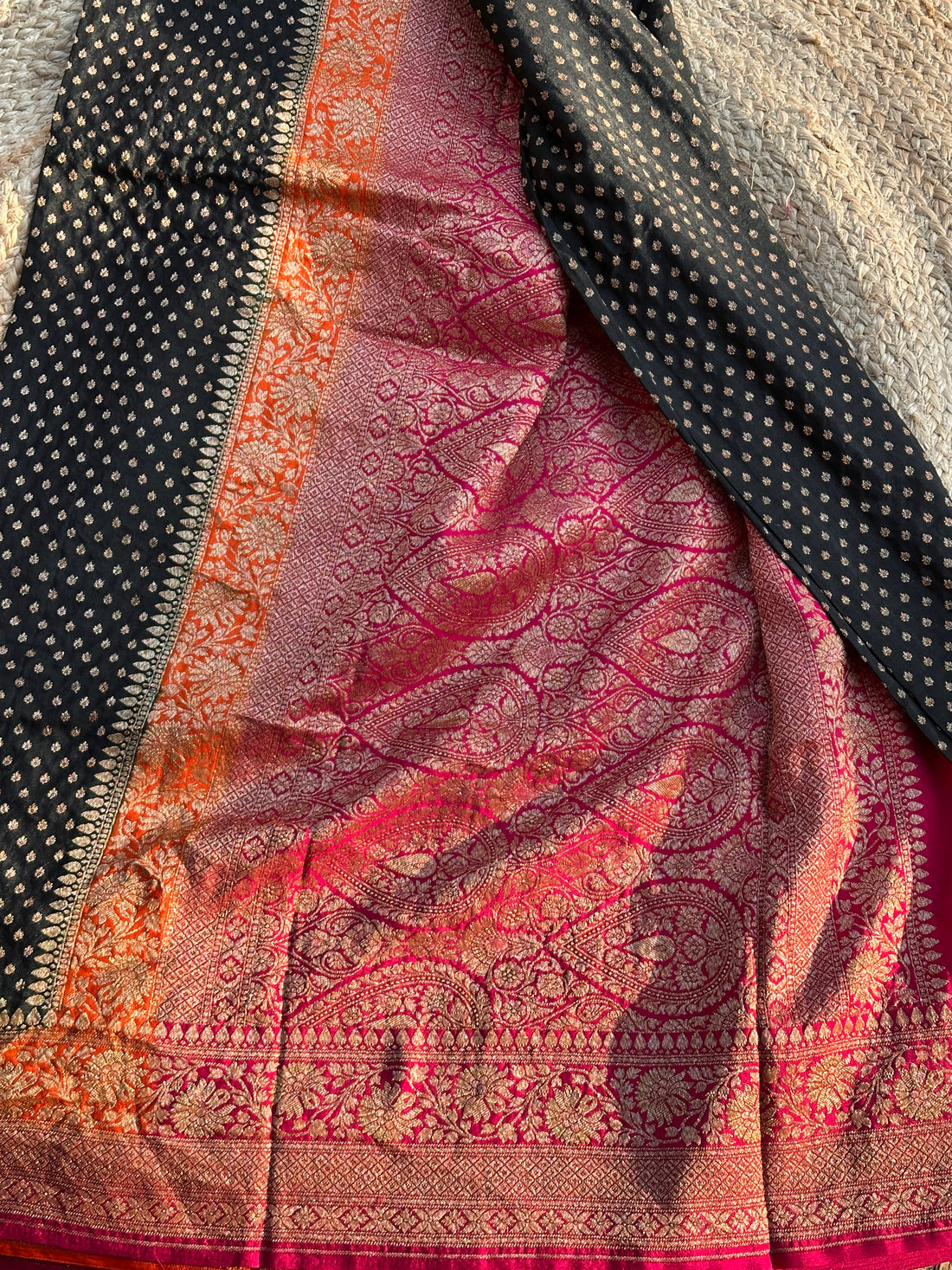 Black and orange and pink pure crepe banaras sarees