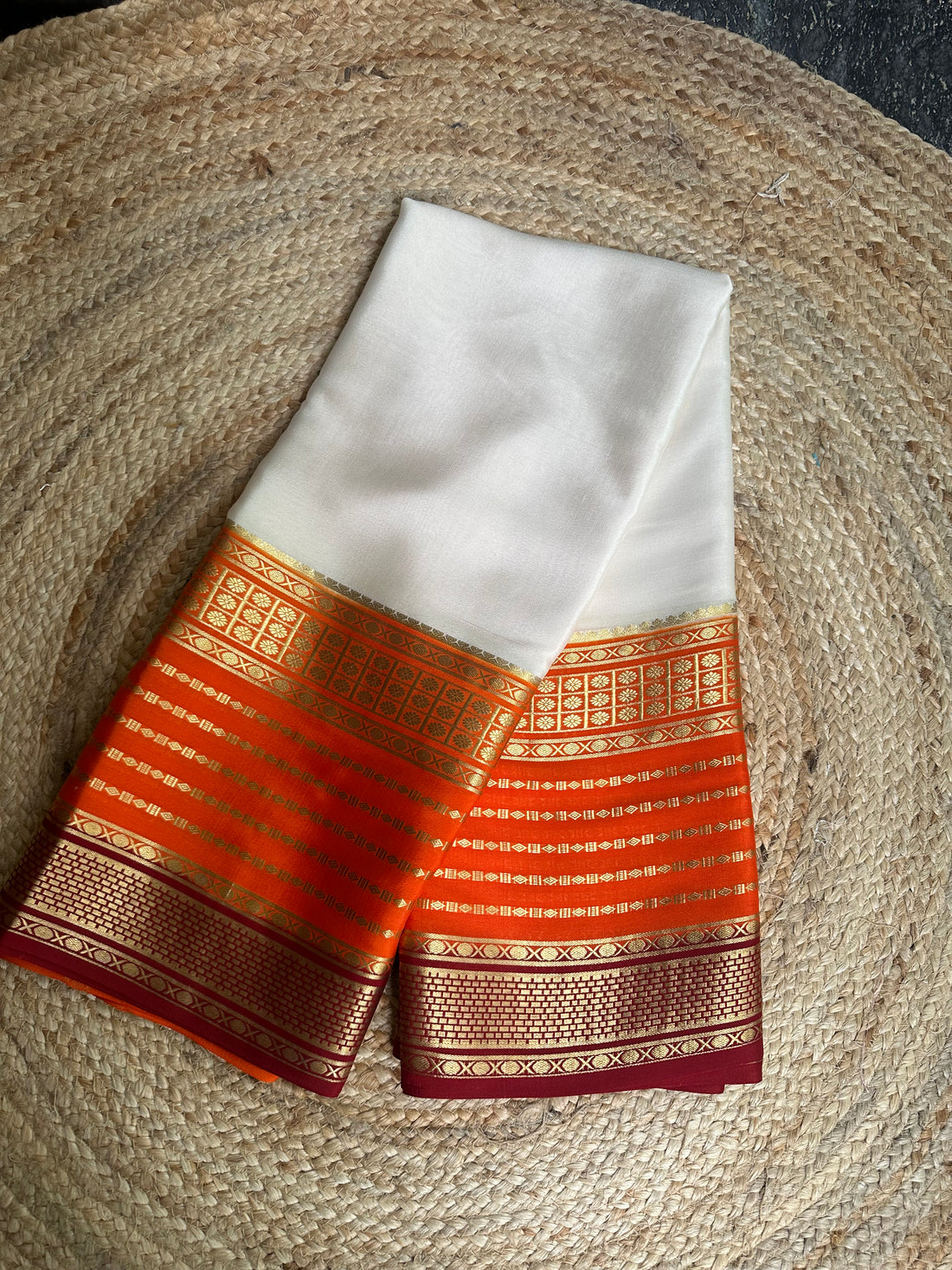 Orange and half white with maroon border,pure Mysore Silk crepe 120 gsm