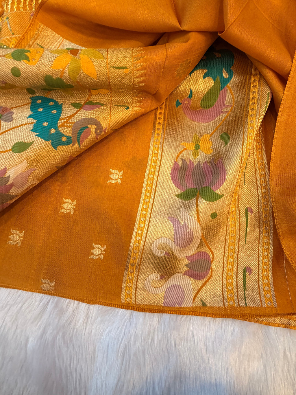 Yellow pure paithani swan & peacock border saree
