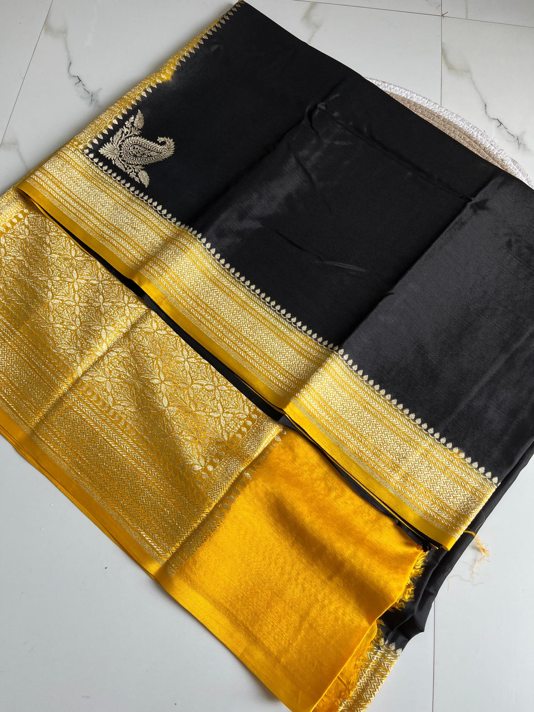 Black and yellow Banaras crepe chiffons sarees antique zari