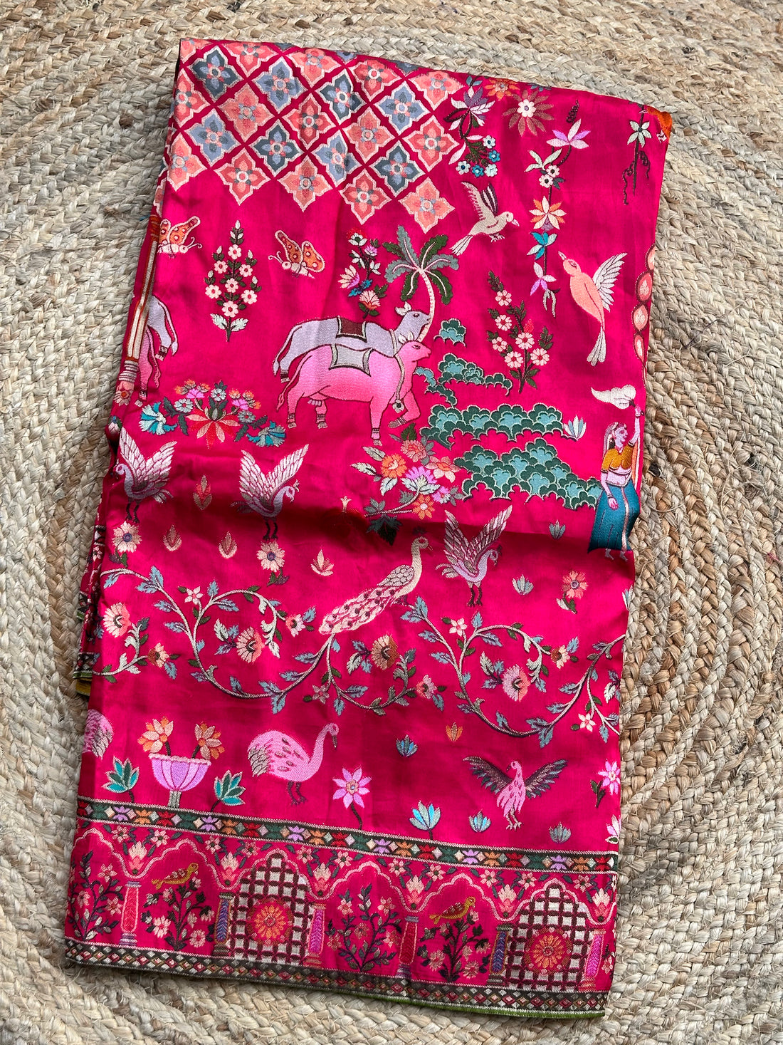 Rani pink pure moonga pashmina weaving saree