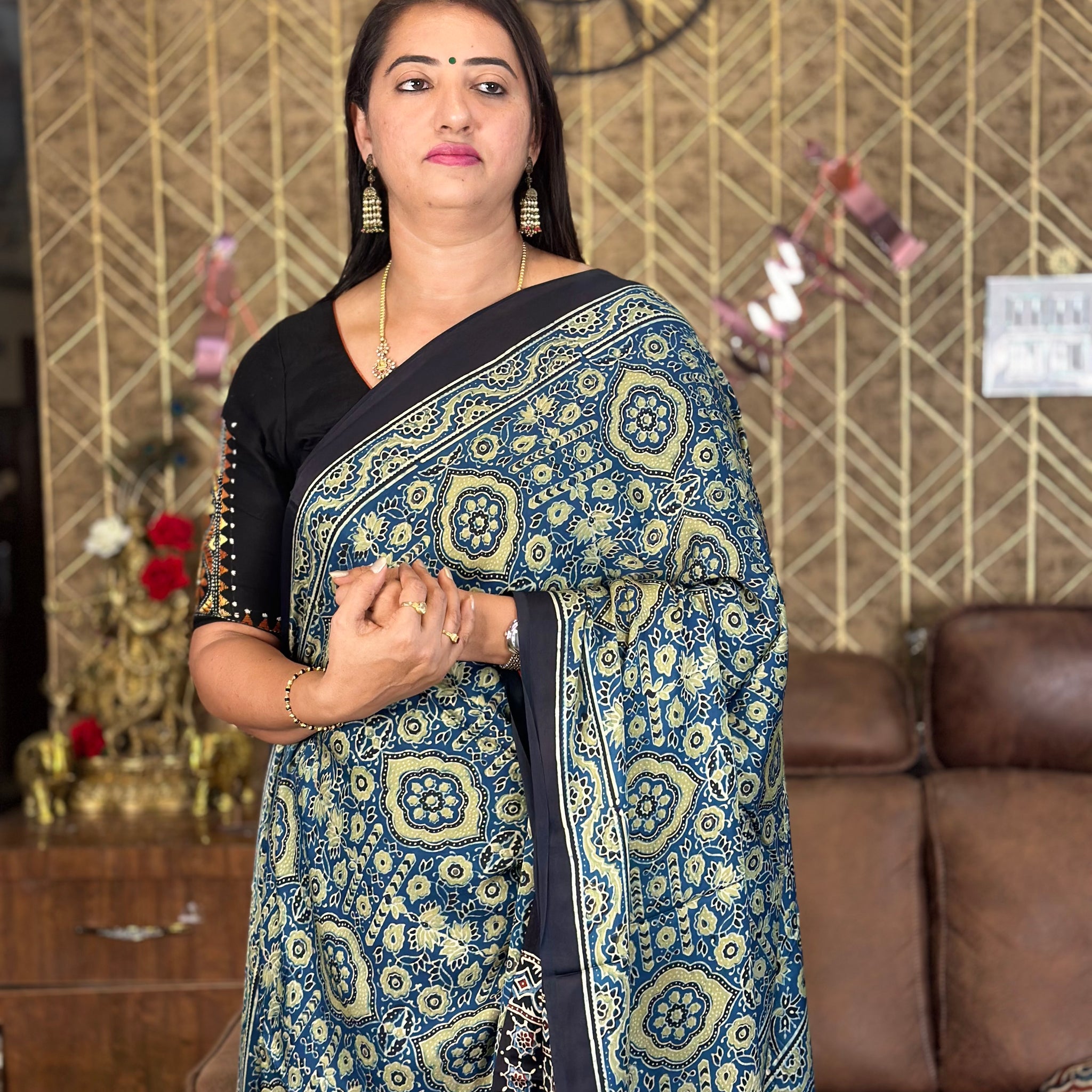 Peacock green pure modal silk with Ajrak prints.