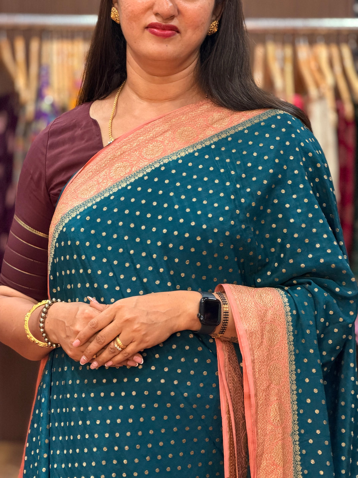 Peacock blue and peach pure crepe Banaras
