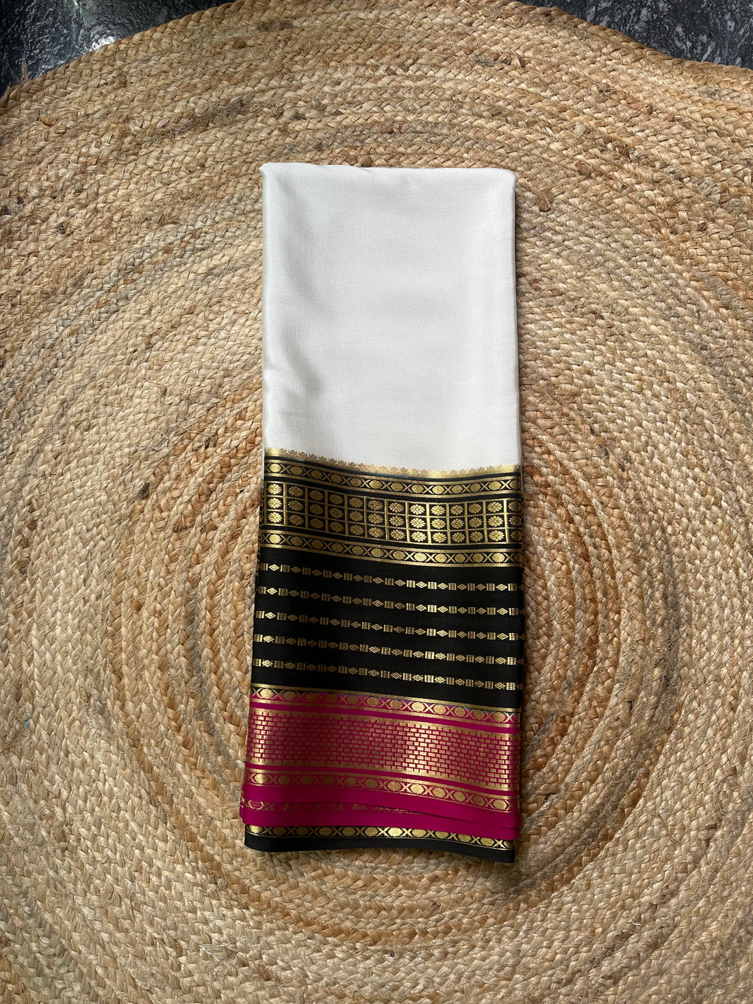White and black horizontal line border pure Mysore Silk crepe 120 gsm