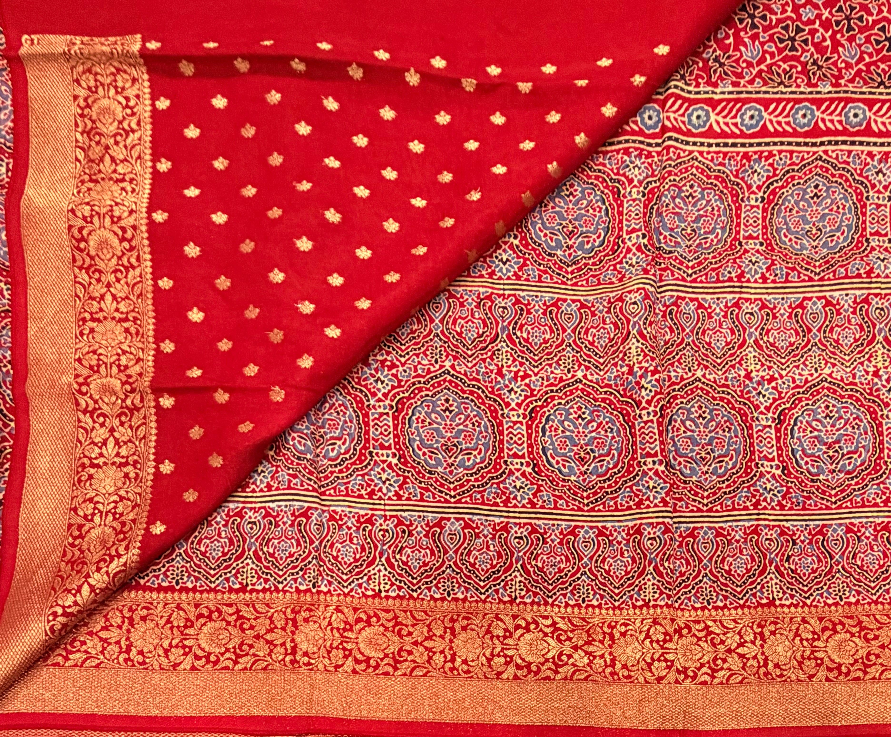 Red Kanchi border pure Ajrak dola sarees