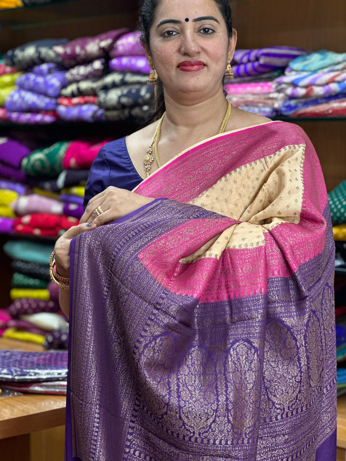 Beinge with purple and pink chiffon crepe sarees