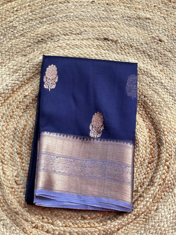 Deep blue and grey pure Kora organza silk hand woven sarees