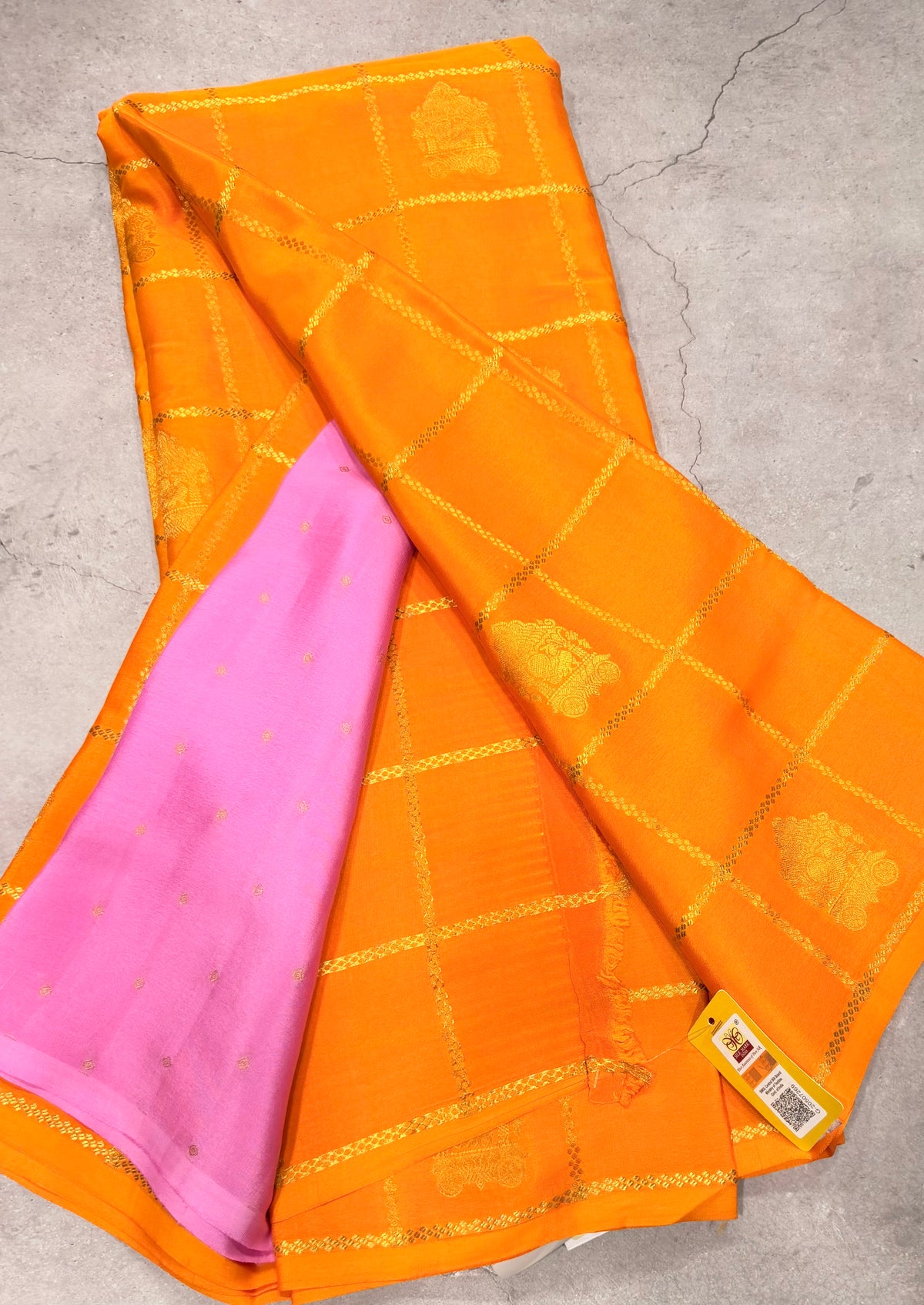 Bright mustard yellow checks pure Mysore silk crepe saree