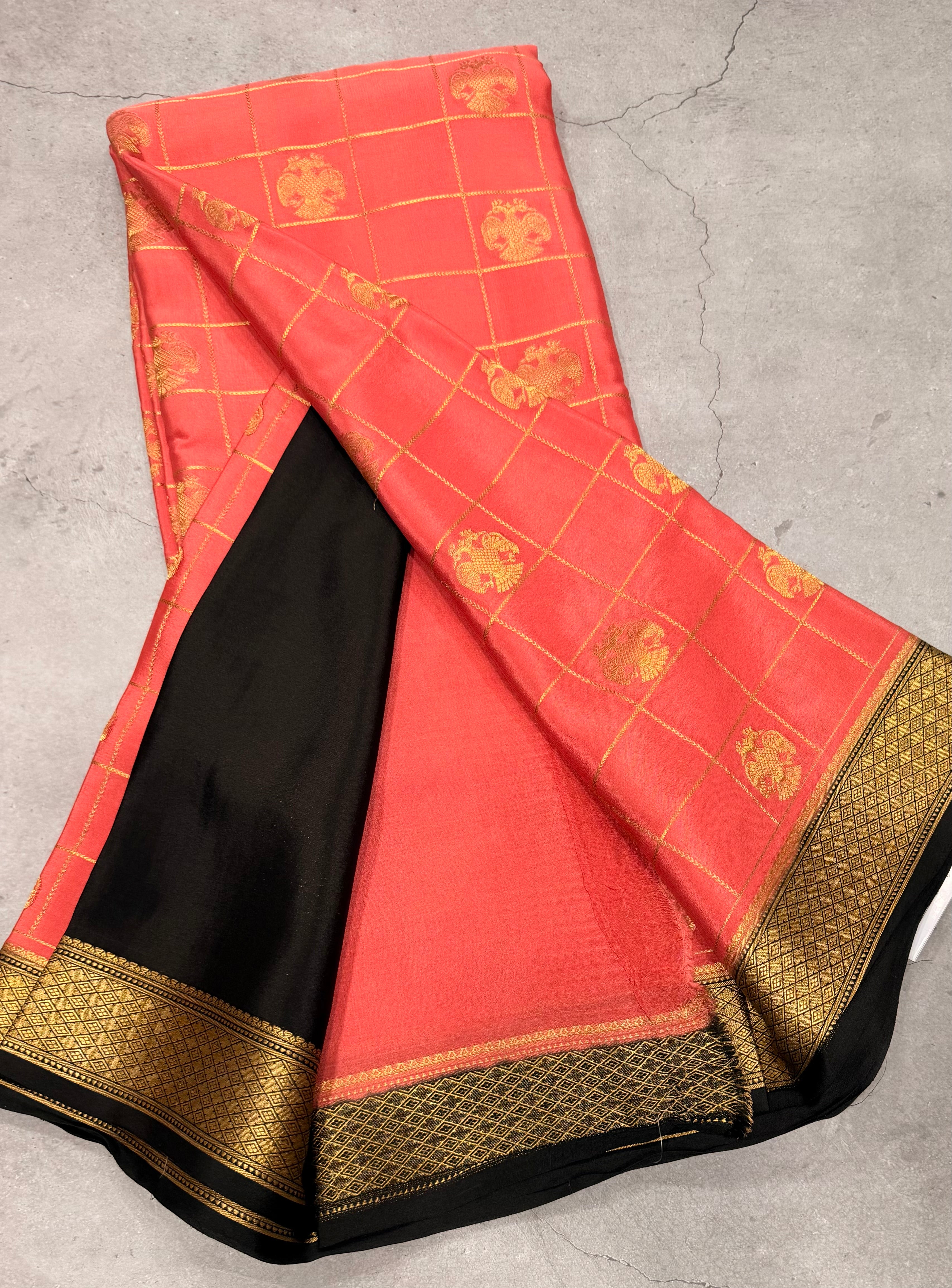 Pastel pink checks pure Mysore silk crepe saree