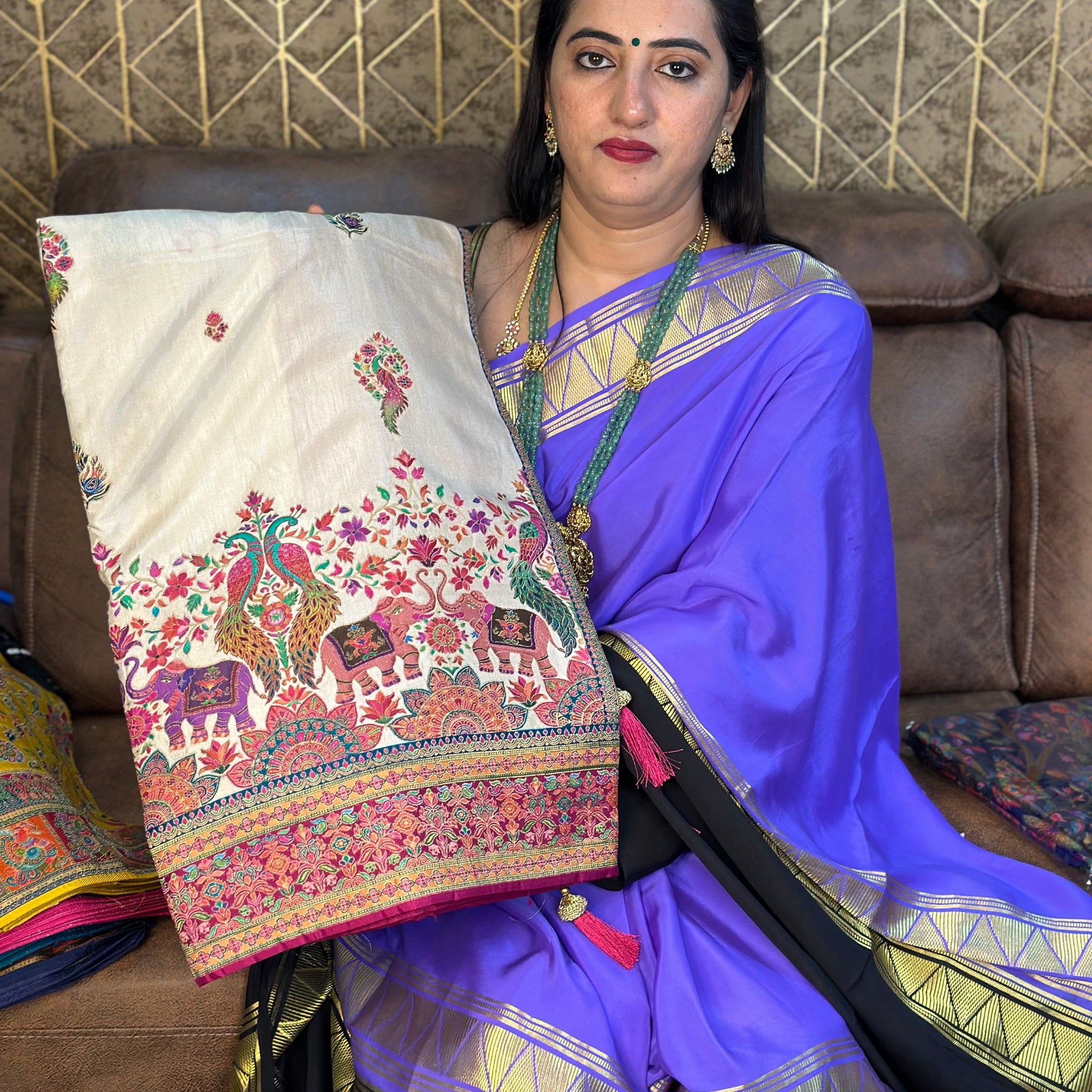 Cream with pink pure moonga crepe Kashmiri work.