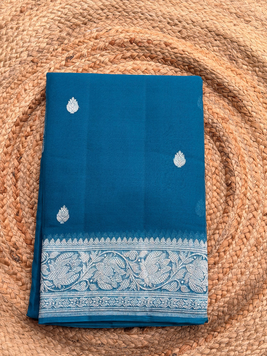 Peacock blue Banarasi pure khadi chiffon saree sliver zari woven