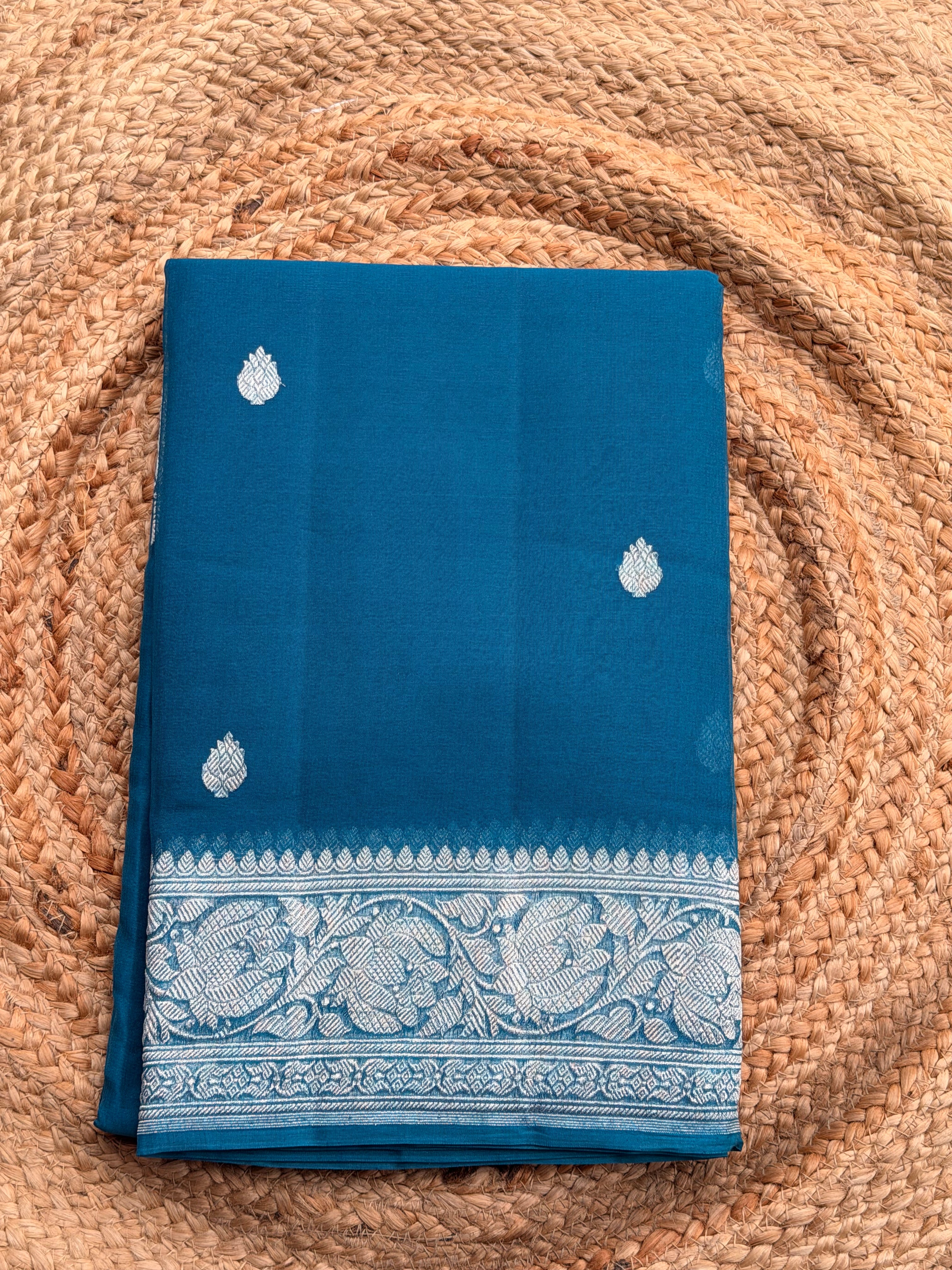 Peacock blue Banarasi pure khadi chiffon saree sliver zari woven
