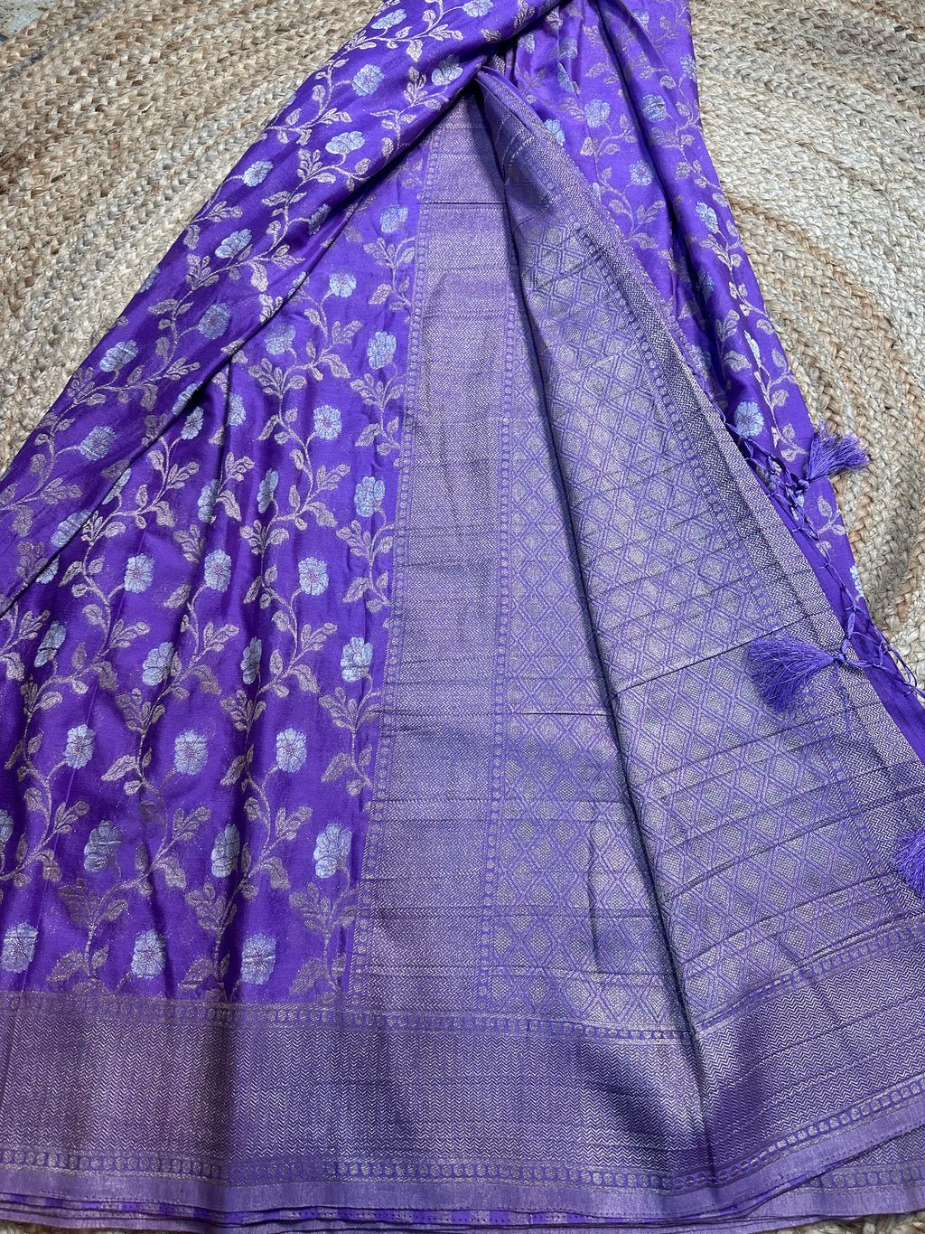 Lavender designer georgette in jaal pattern.