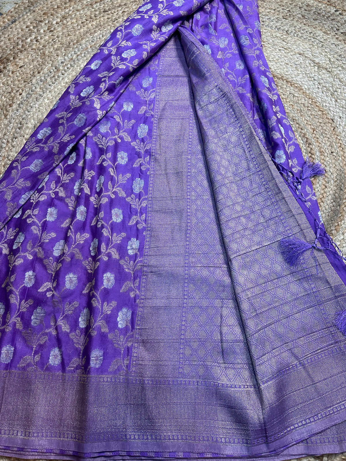 Lavender designer georgette in jaal pattern.