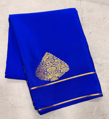 Royal blue leaf big butta pure Mysore silk crepe saree
