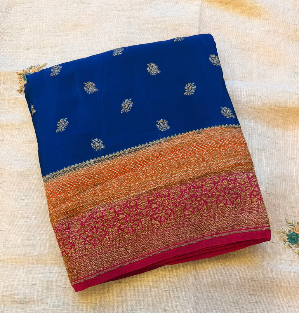 Royal blue 3D pure benarasi crepe silk saree