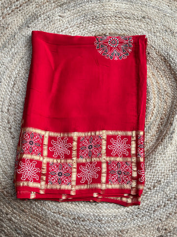 Hot red pure modal silk with Ajrak blouse