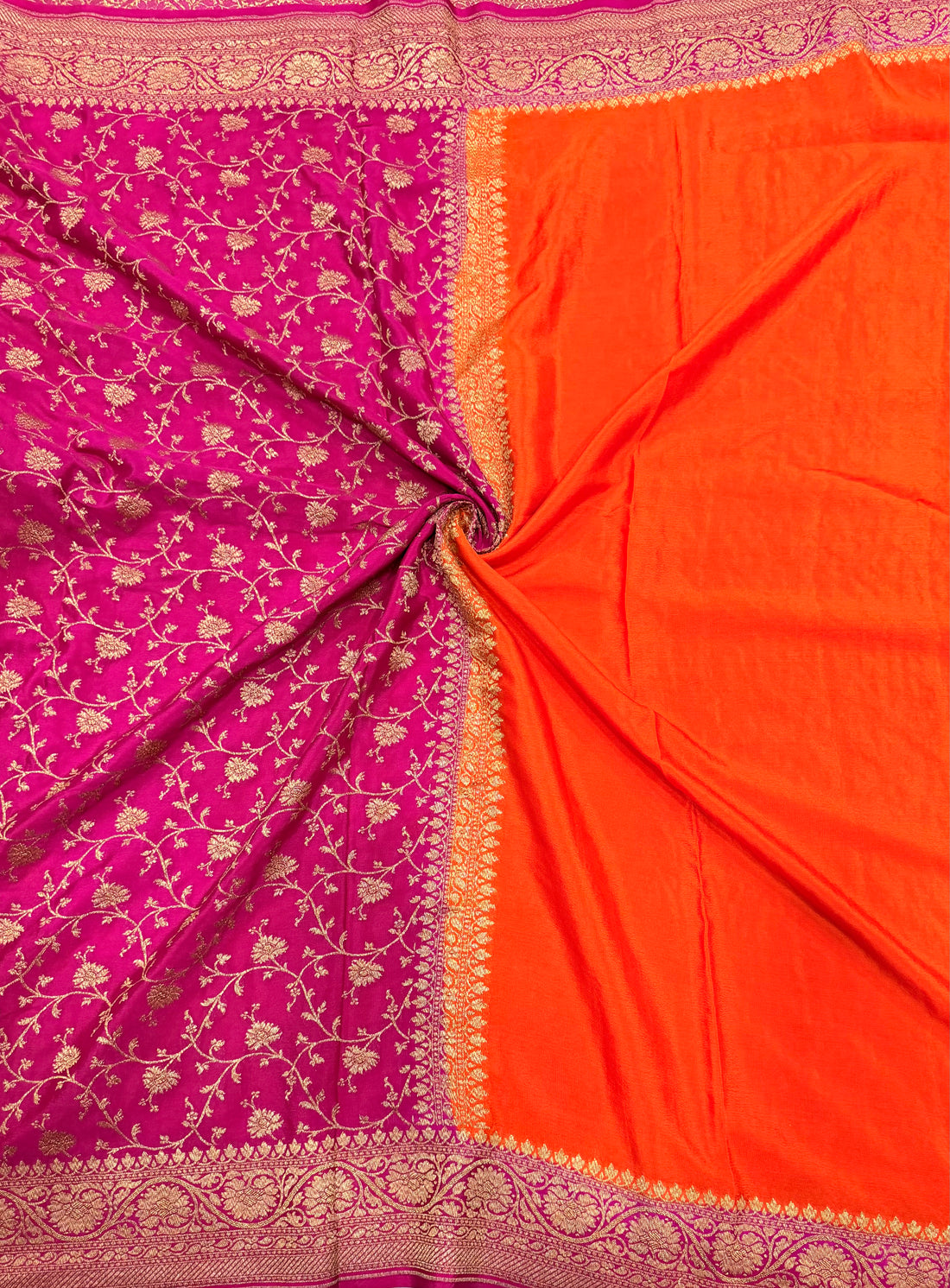 Orange n Rani pink partly pallu pure benarasi crepe silk saree