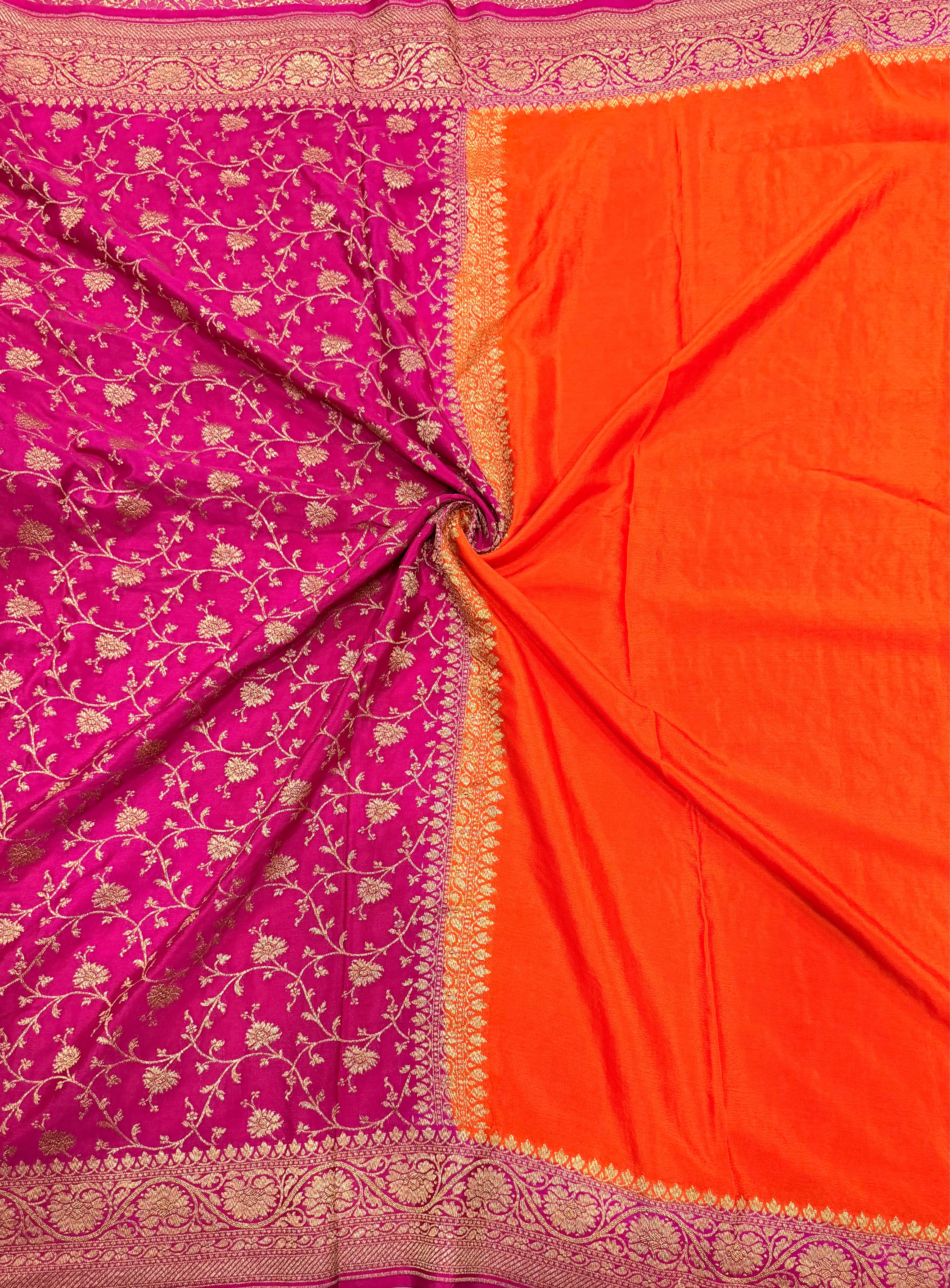 Orange n Rani pink partly pallu pure benarasi crepe silk saree