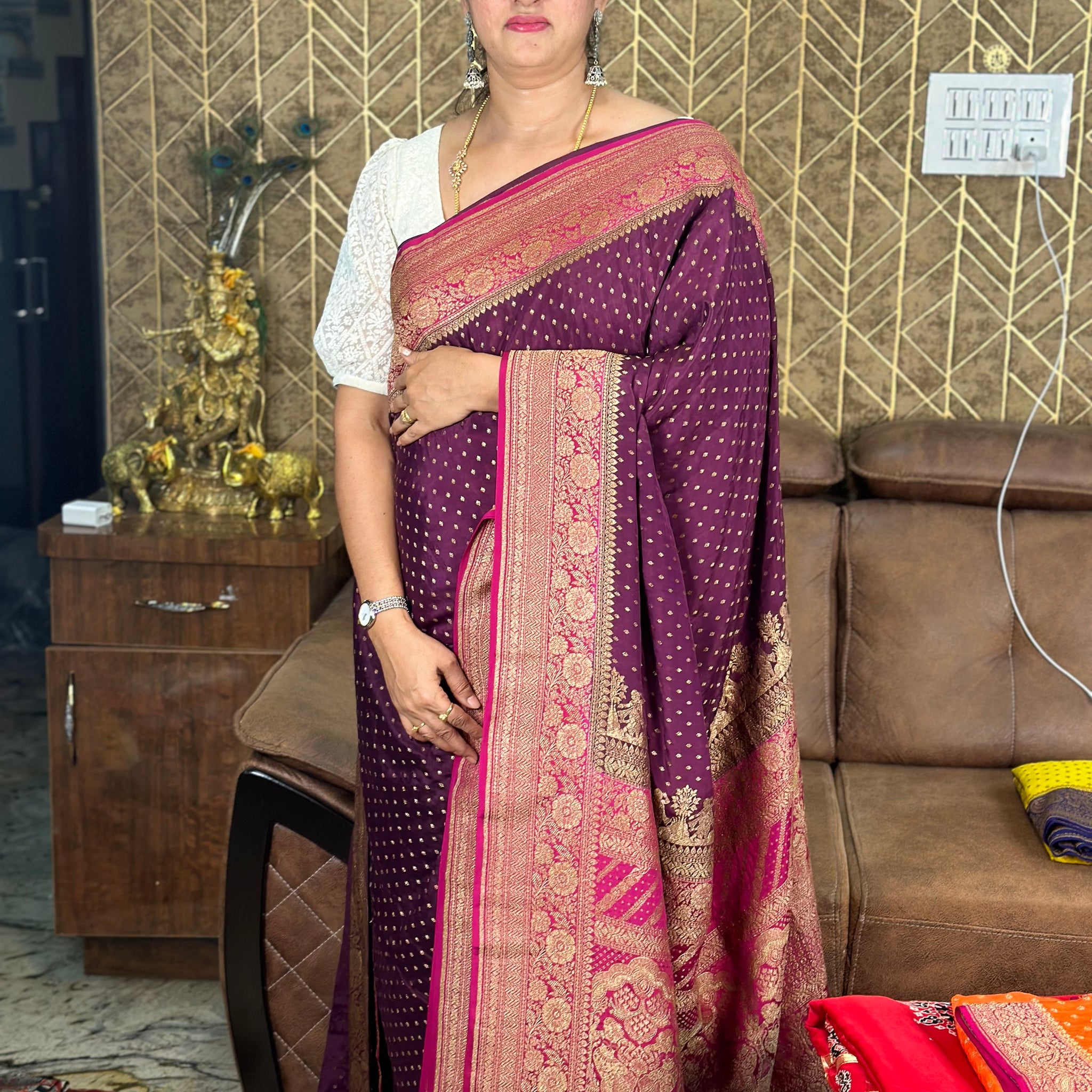 Wine and pink pure crepe Banaras silk sarees. With brocade blouse.