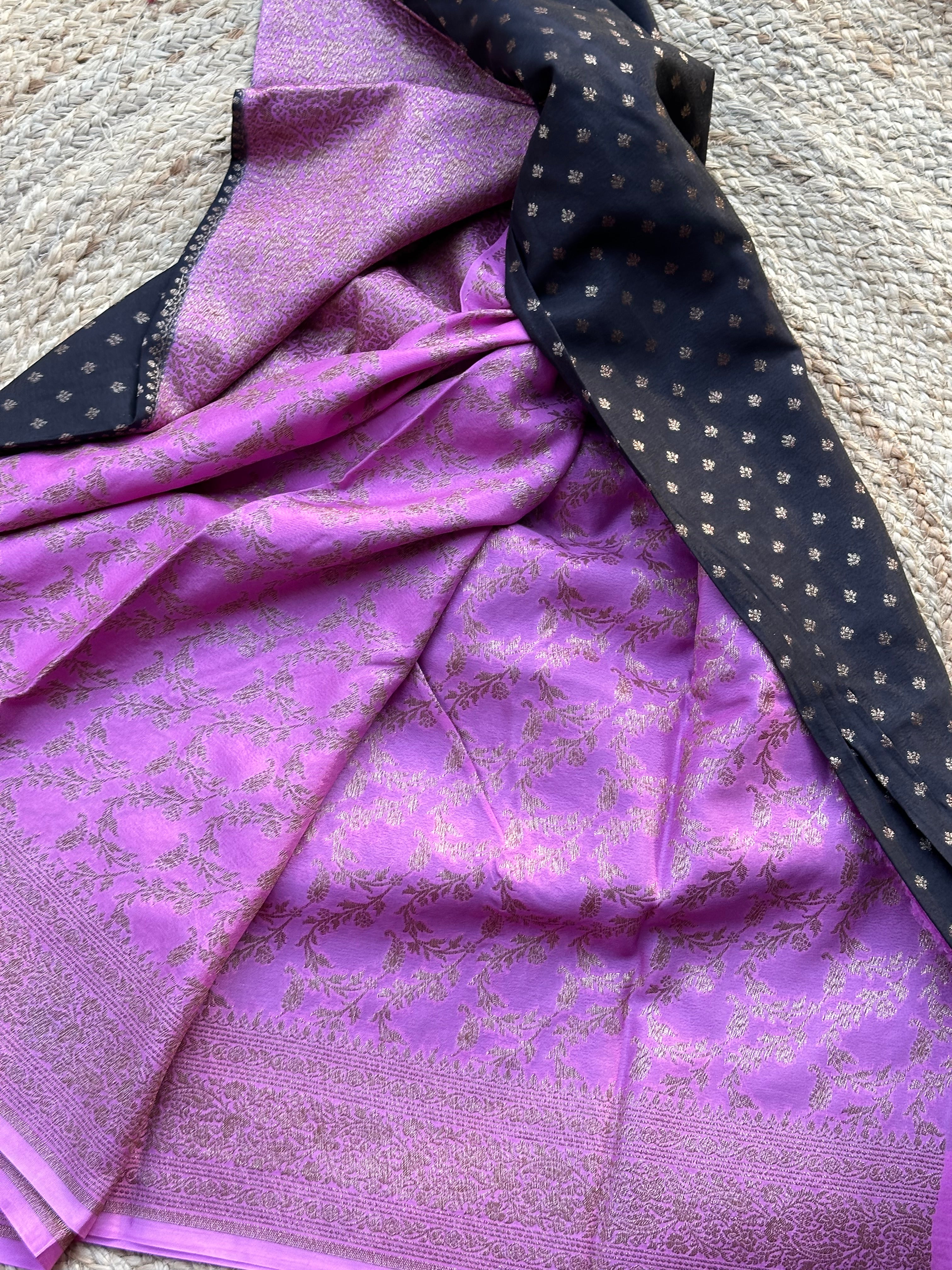 Black and lotus pink Banarasi crepe chiffon sarees