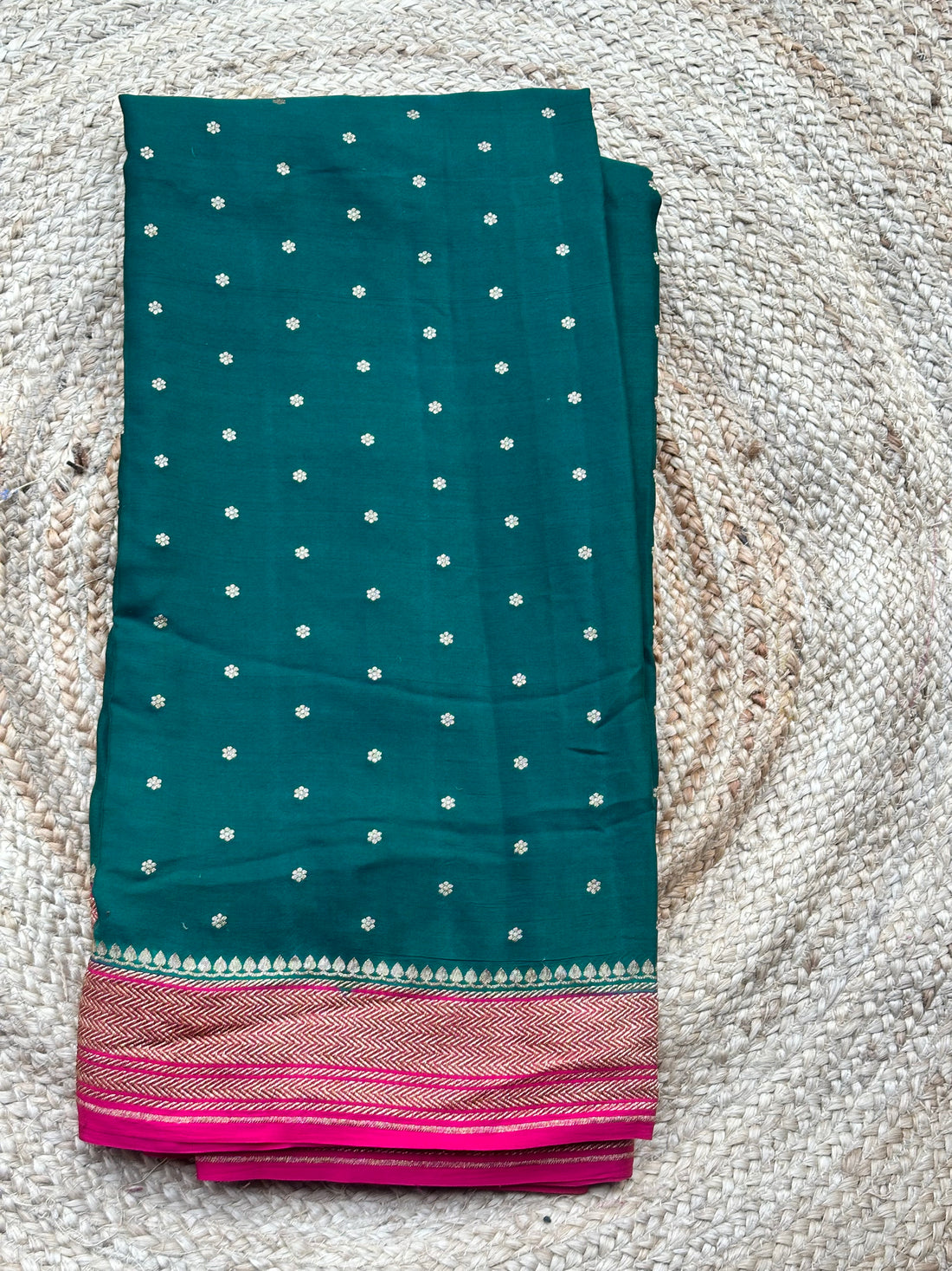 Deep green with pink pure crepe Banaras sarees