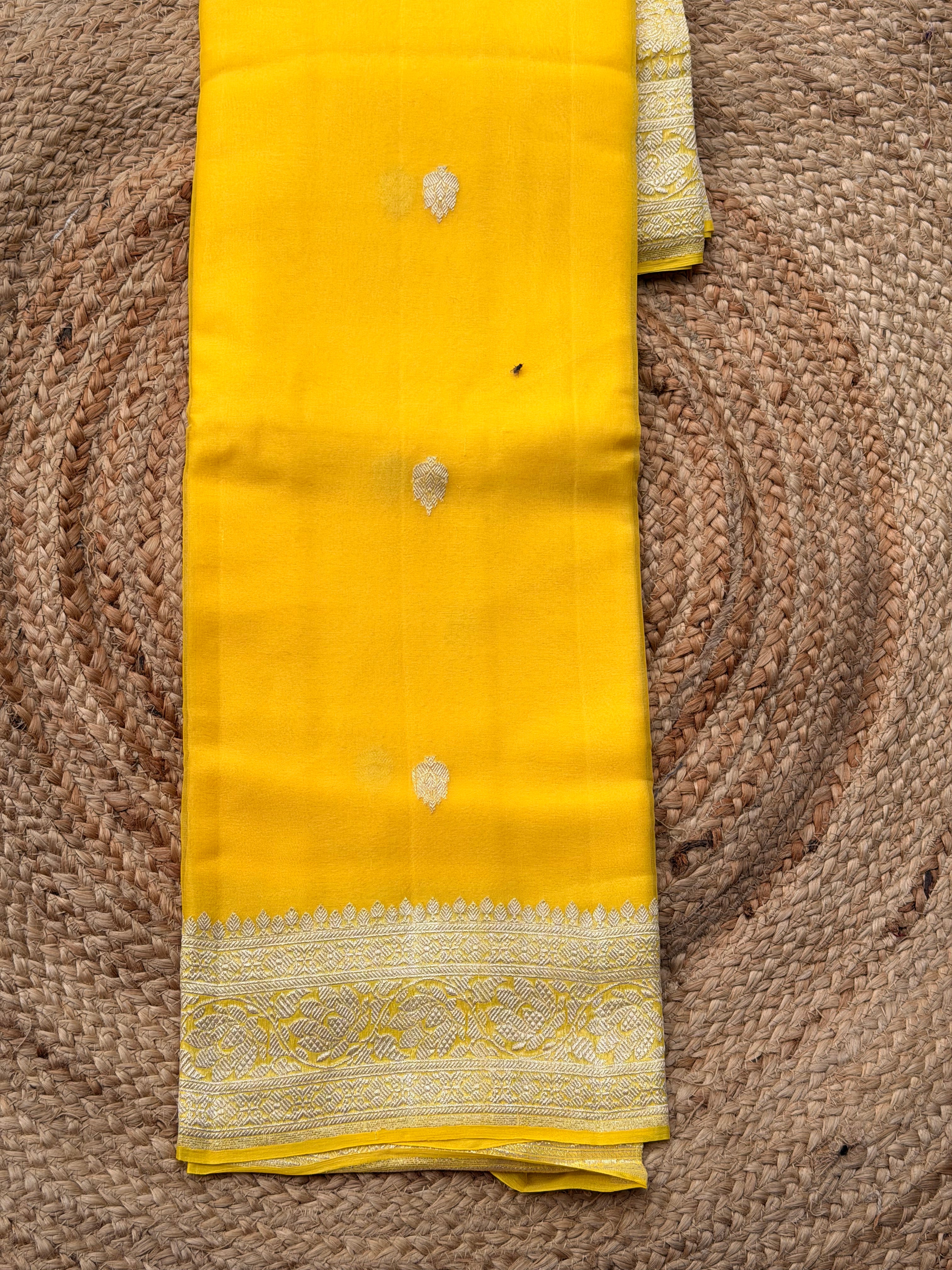 Lemon yellow Banarasi pure khadi chiffon saree sliver zari woven