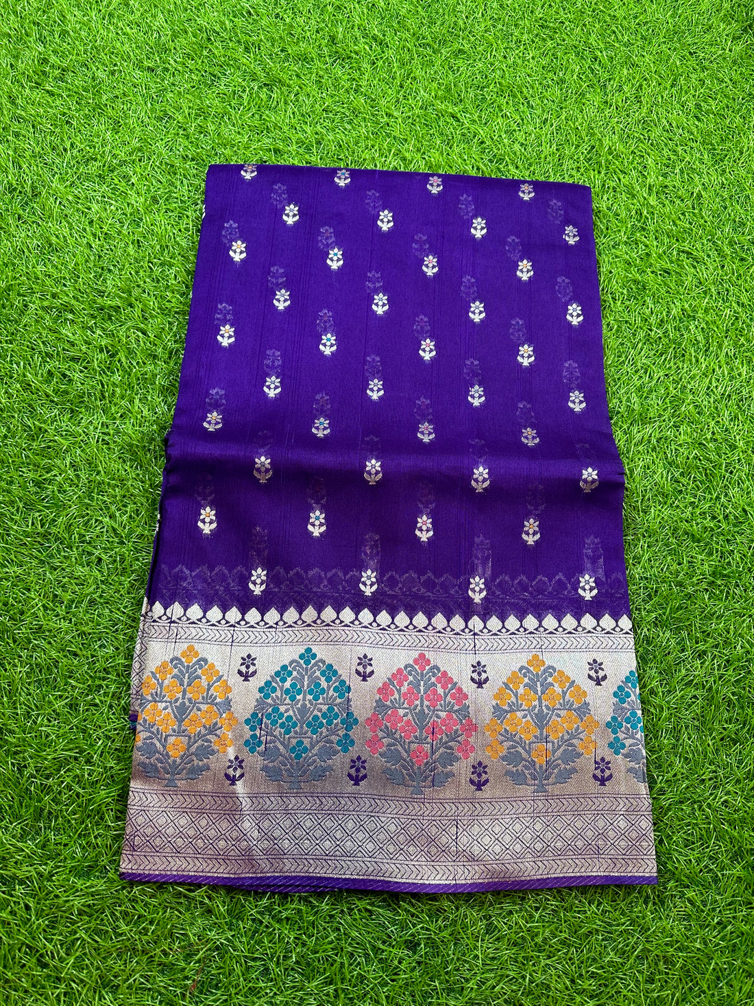 Purple pure tusser Paithani silver border.