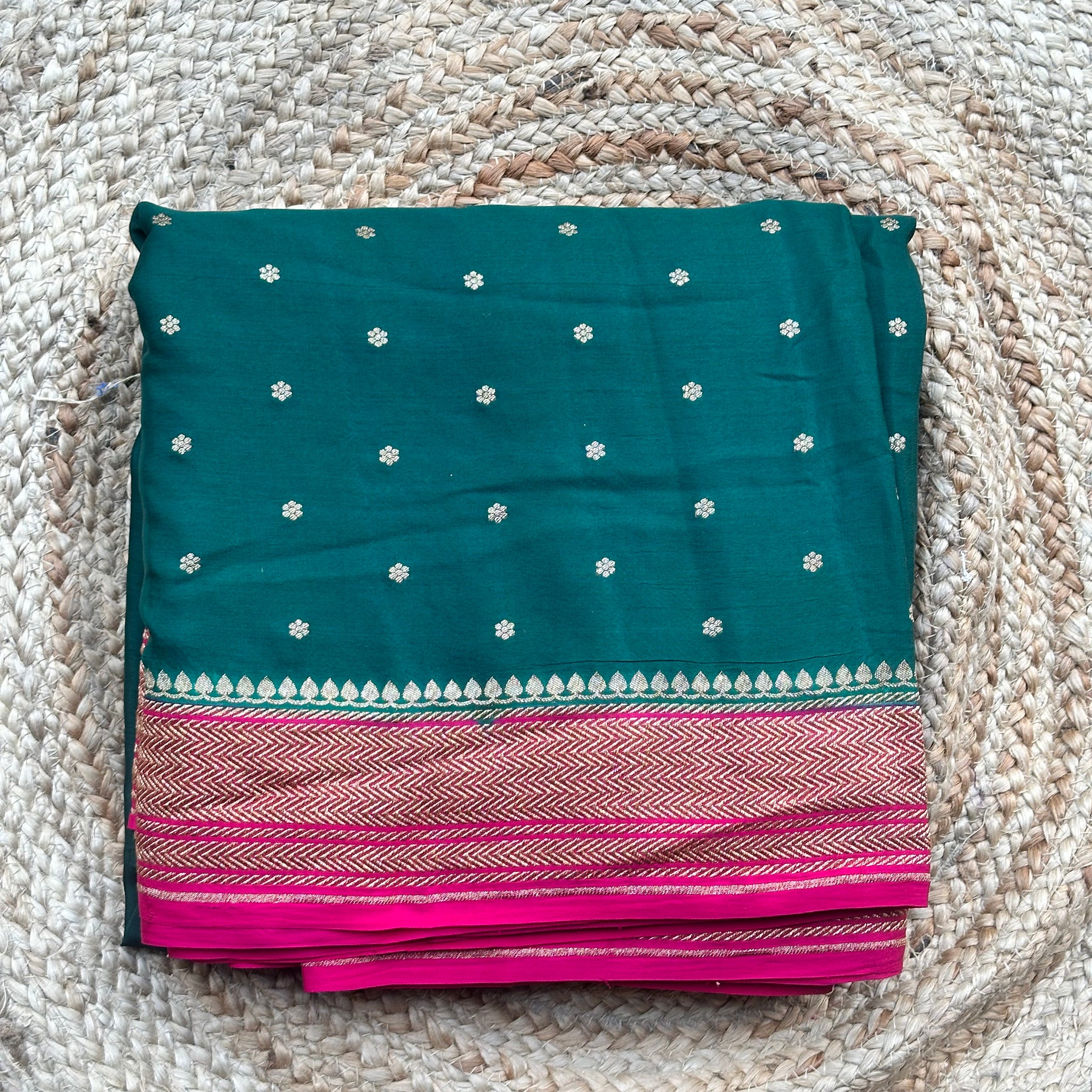 Deep green with pink pure crepe Banaras sarees