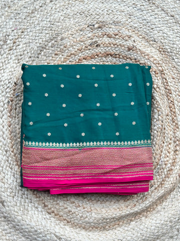 Deep green with pink pure crepe Banaras sarees