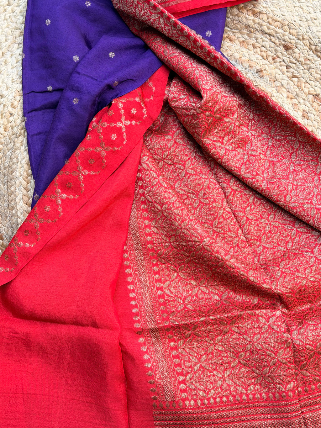 Purple with red Banarasi crepe chiffon konia design