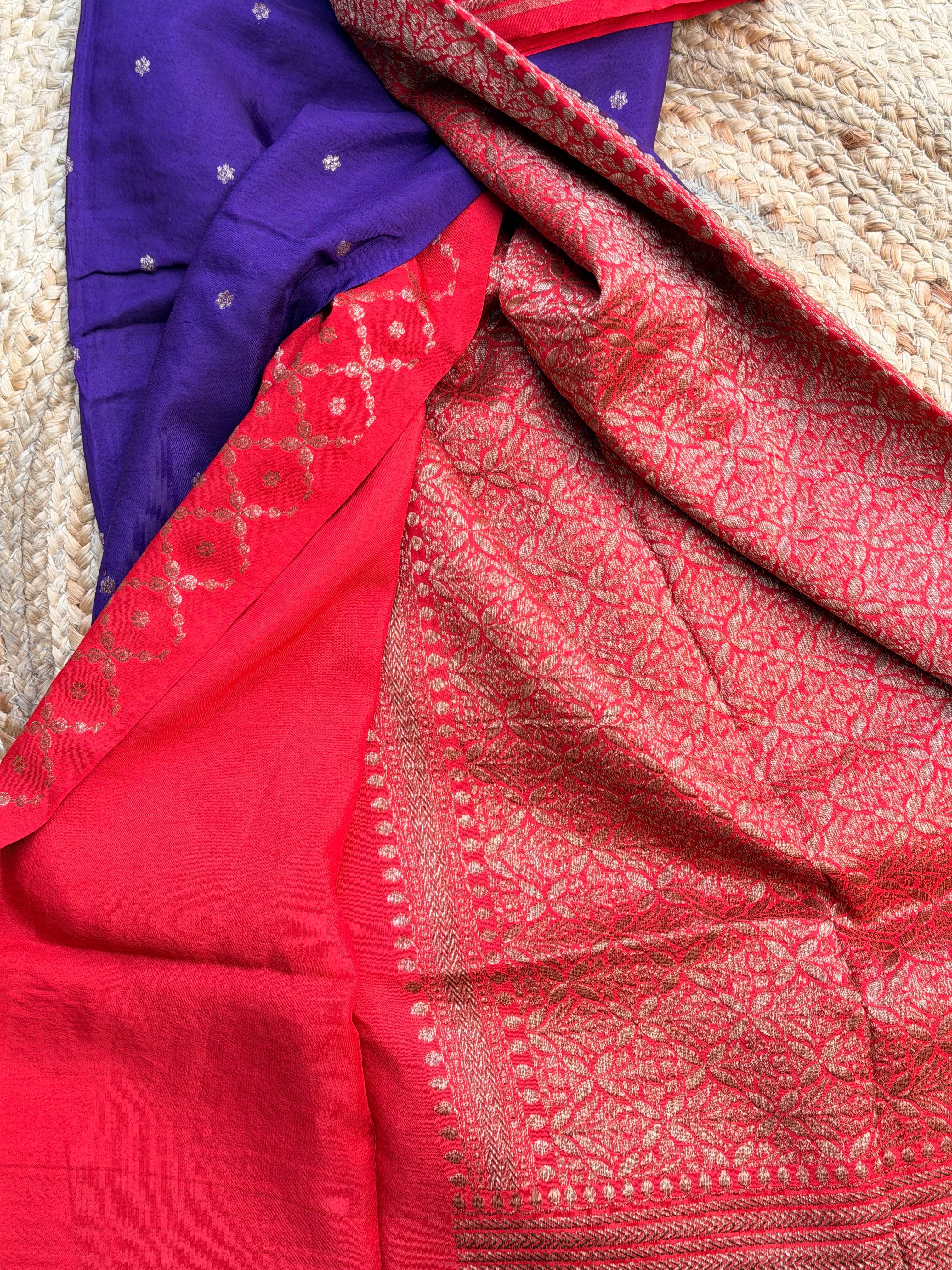Purple with red Banarasi crepe chiffon konia design