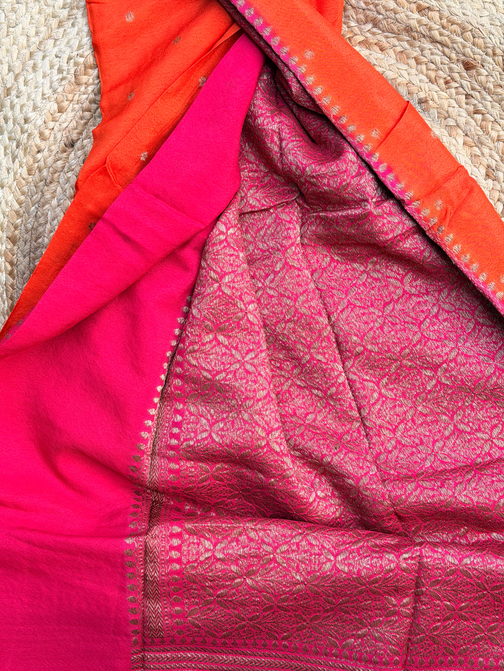 Orange and pink Banarasi crepe chiffon konia design