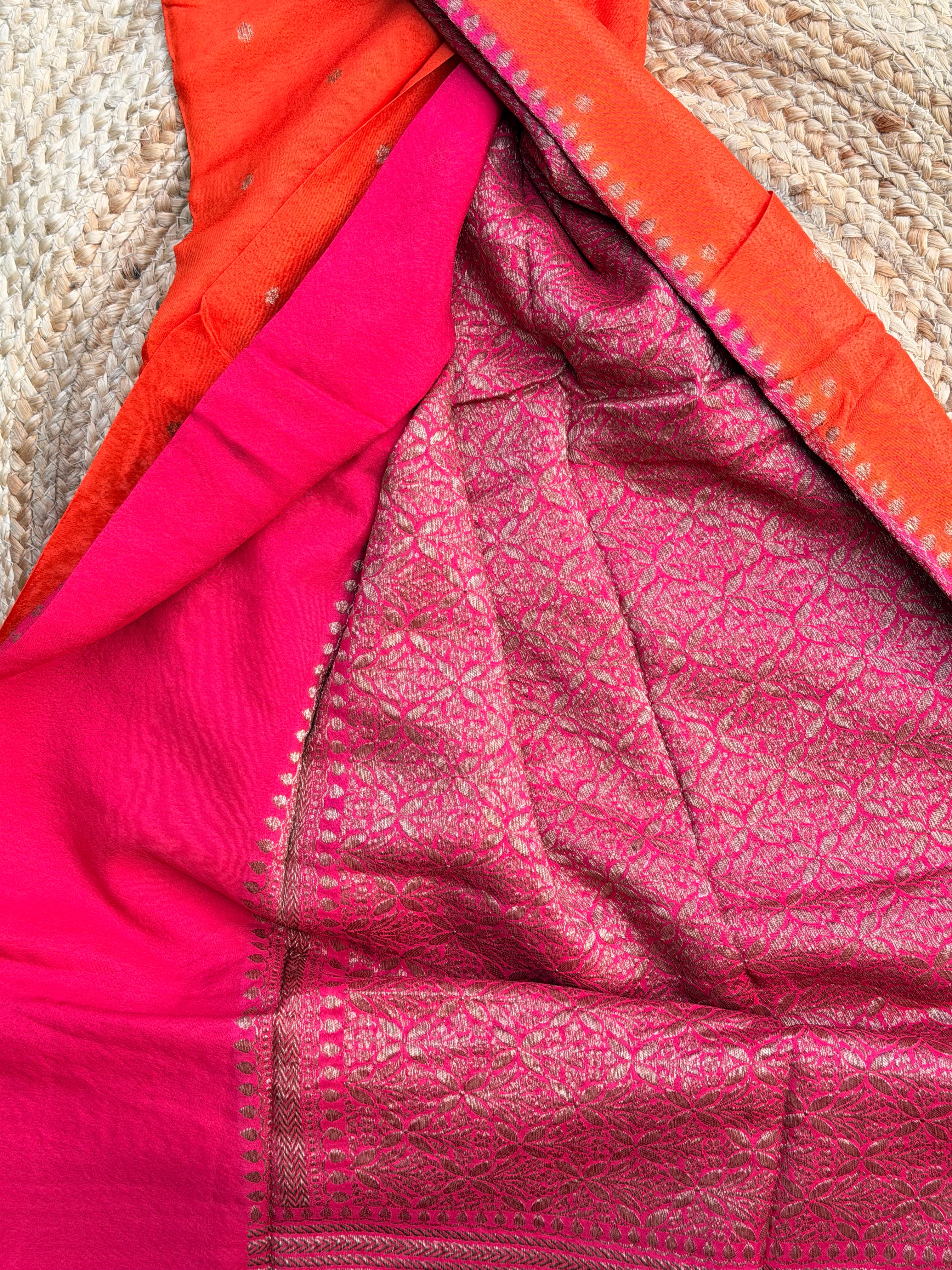 Orange and pink Banarasi crepe chiffon konia design