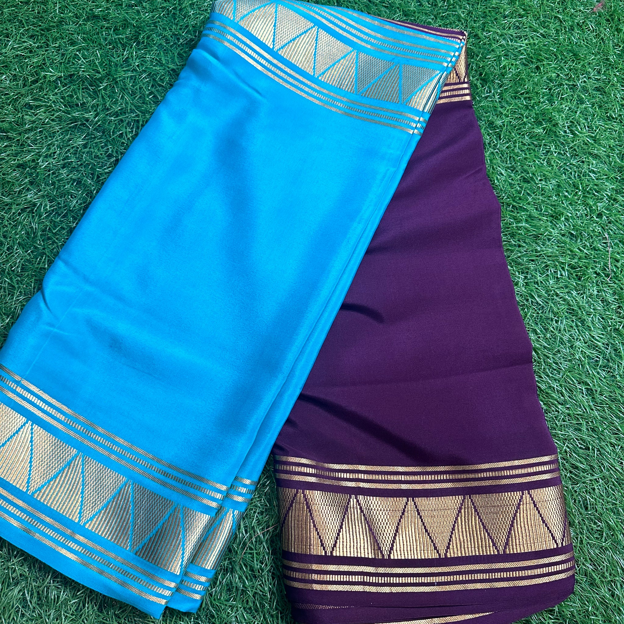 Brown and sky blue half and half Mysore Silk sarees 120Gsm