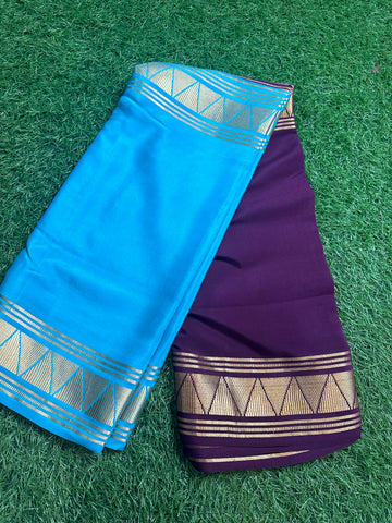 Brown and sky blue half and half Mysore Silk sarees 120Gsm