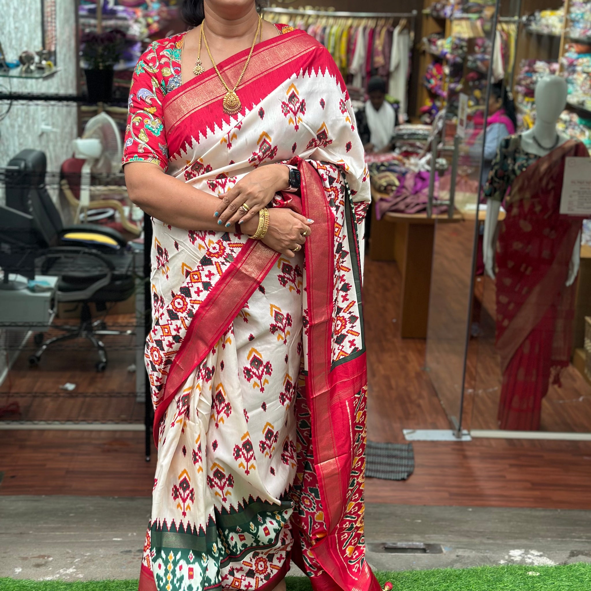 White and red semi Patola sarees
