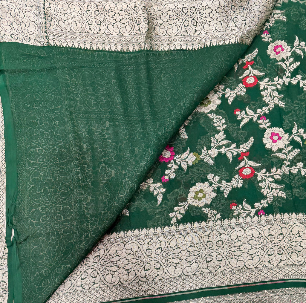 Bottle green jaal pattern pure georgette with water zari saree
