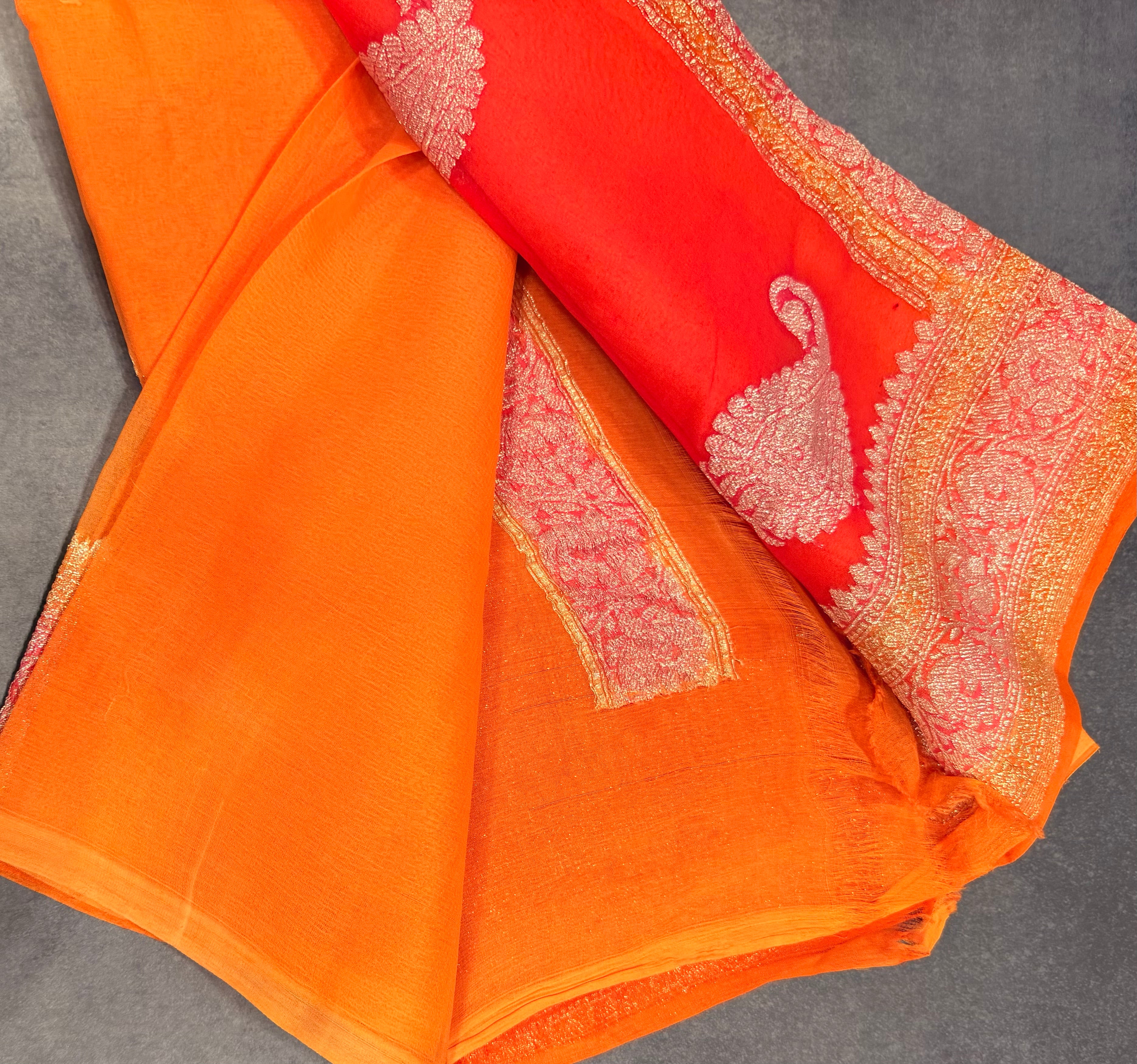 Orange 3D Banarasi pure khadi chiffon saree sliver zari saree