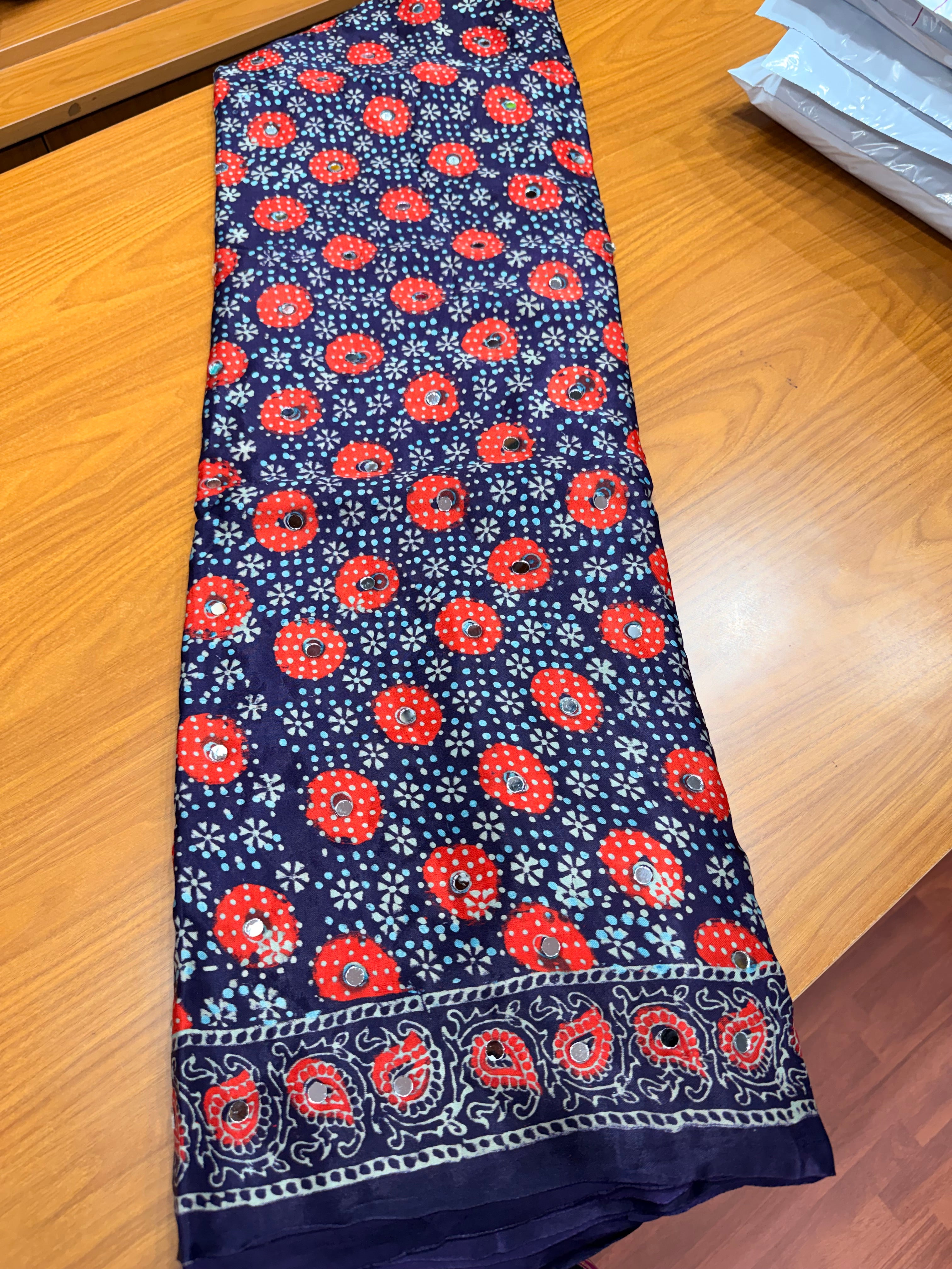 Blue ajrak modal mirror work with tissue pallu