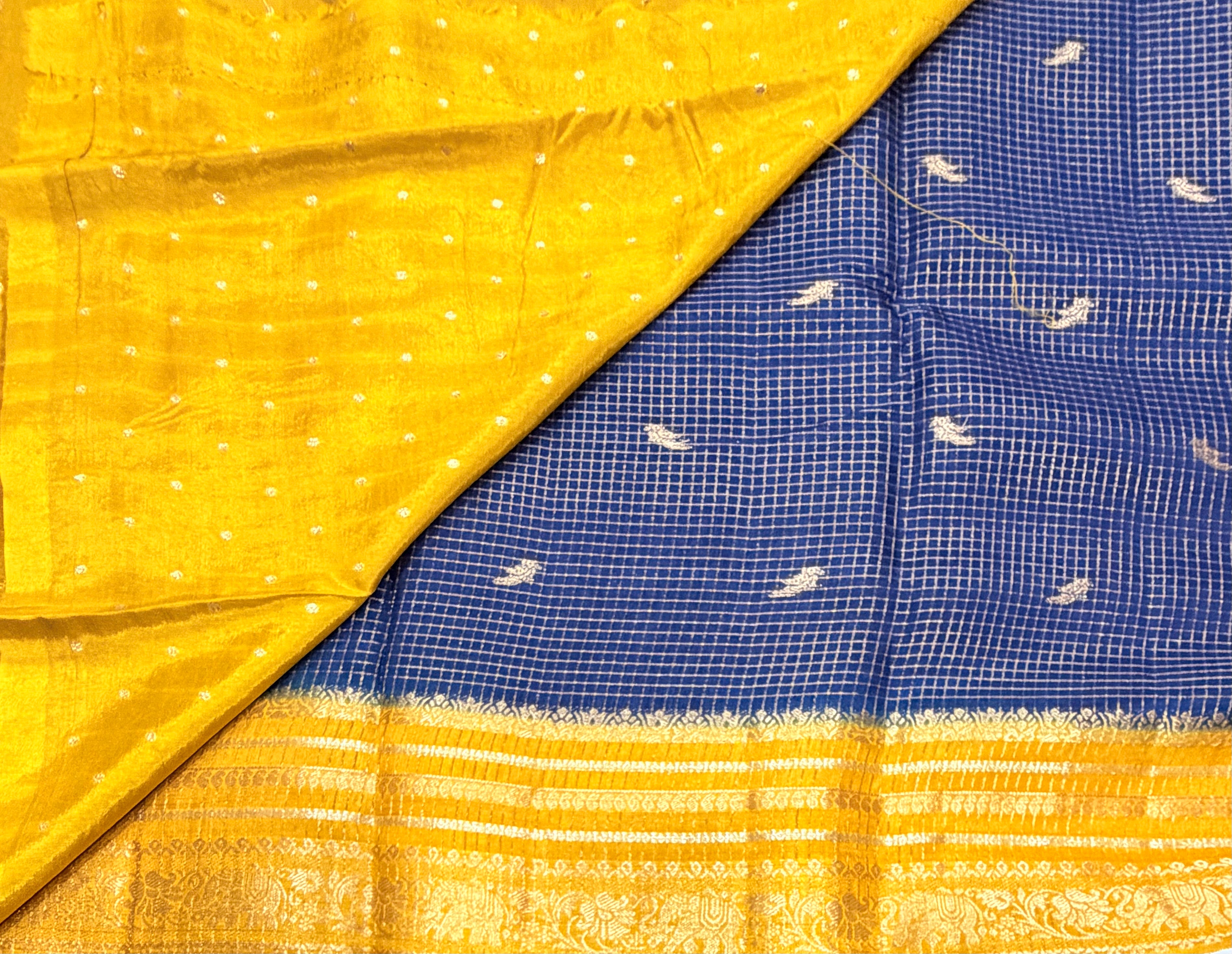 Peacock blue contrast border checks Dola crepe saree