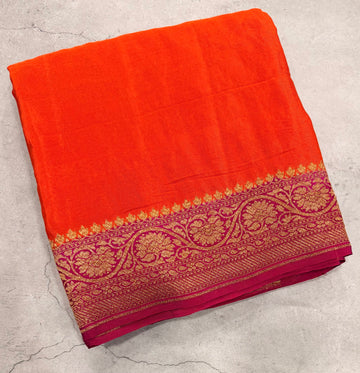Orange n Rani pink partly pallu pure benarasi crepe silk saree