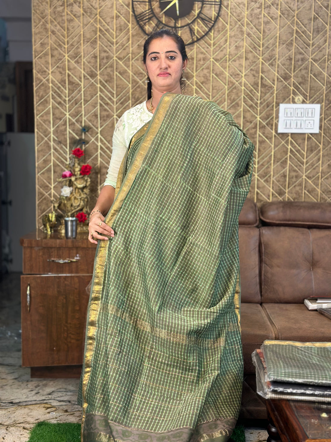 Green checks pattern, Maheshwari silk.