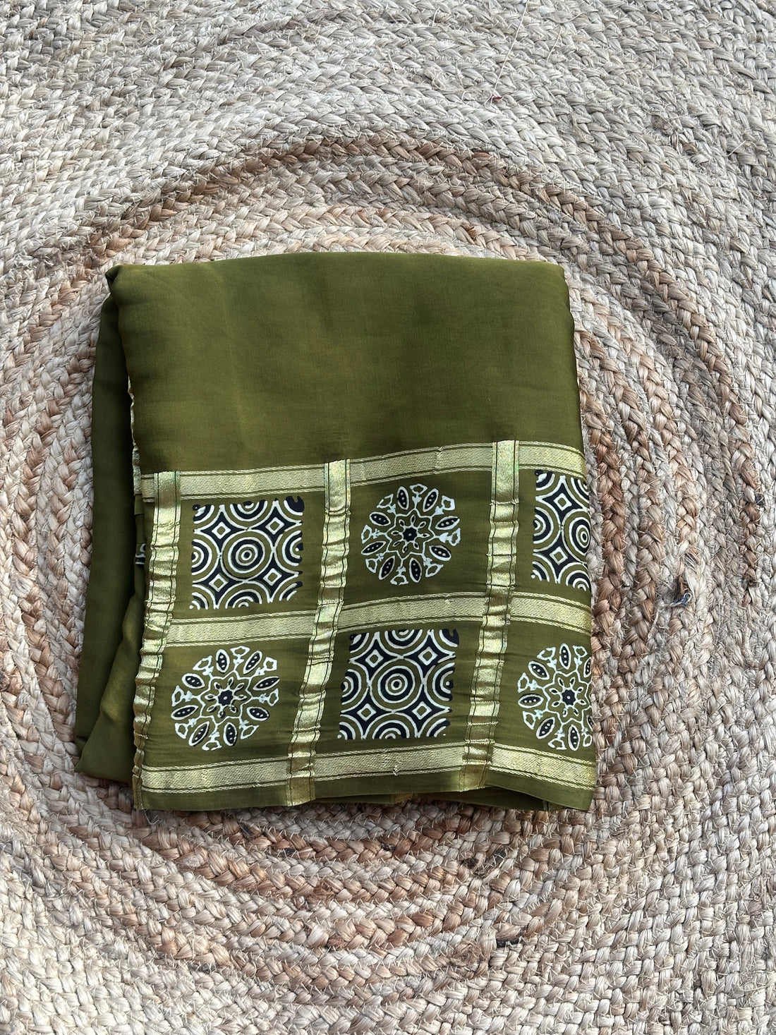 Mehendi green Ajrak modal silk sarees with out block prints