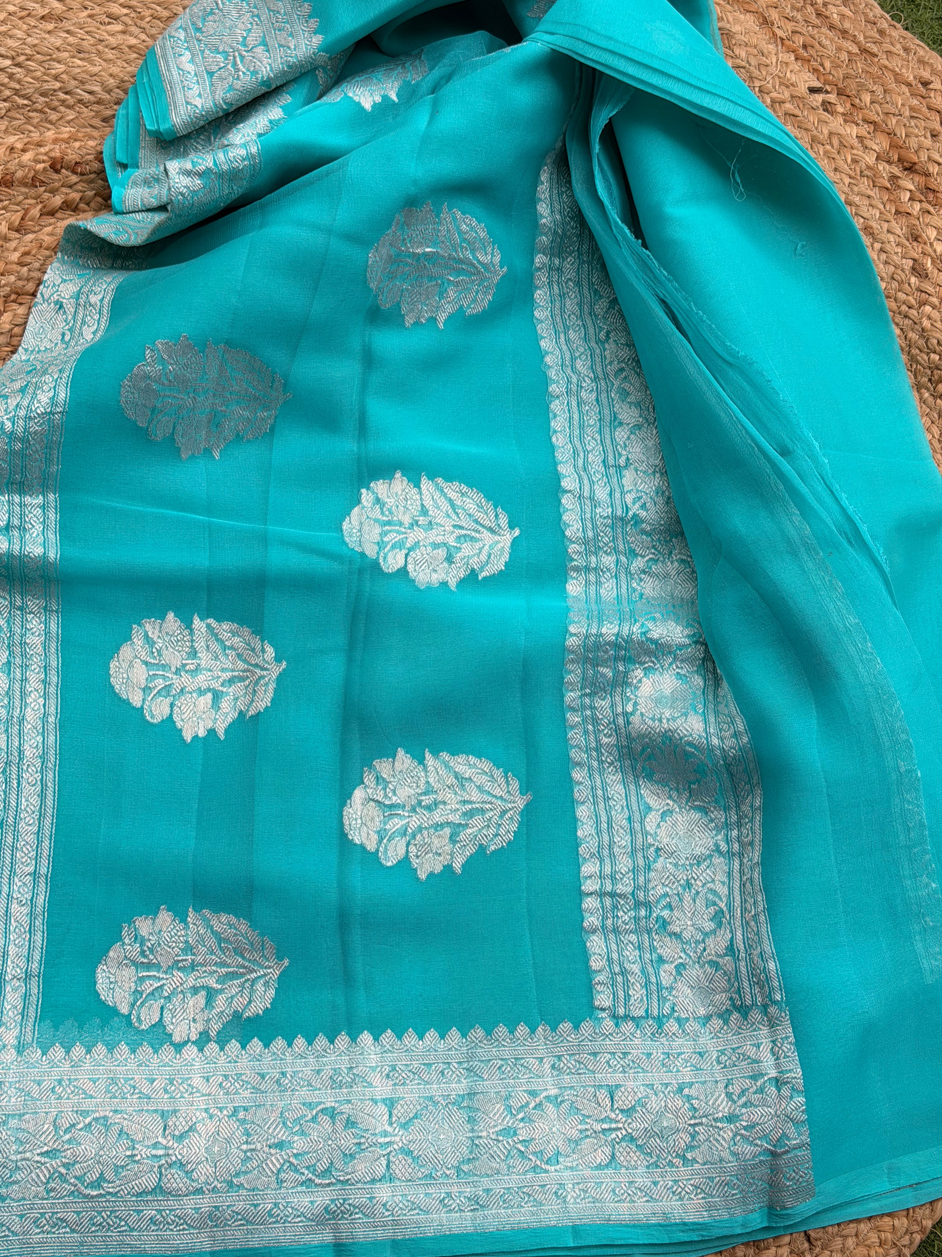 Sky blue Banarasi pure khadi chiffon saree sliver zari woven