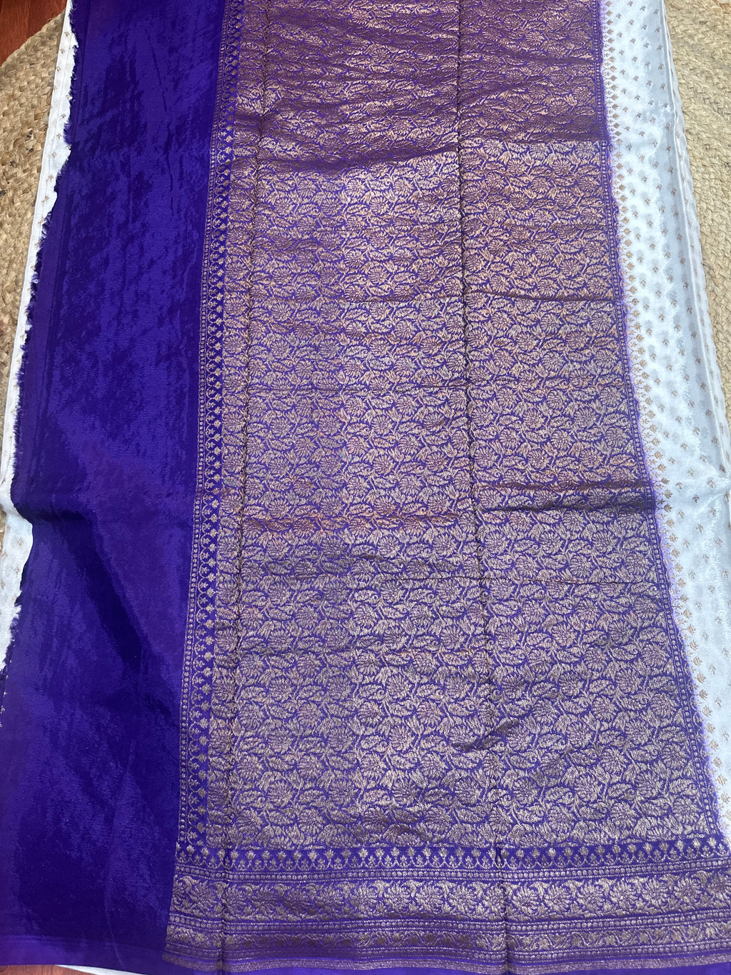 Purple and white crepe chiffon sarees